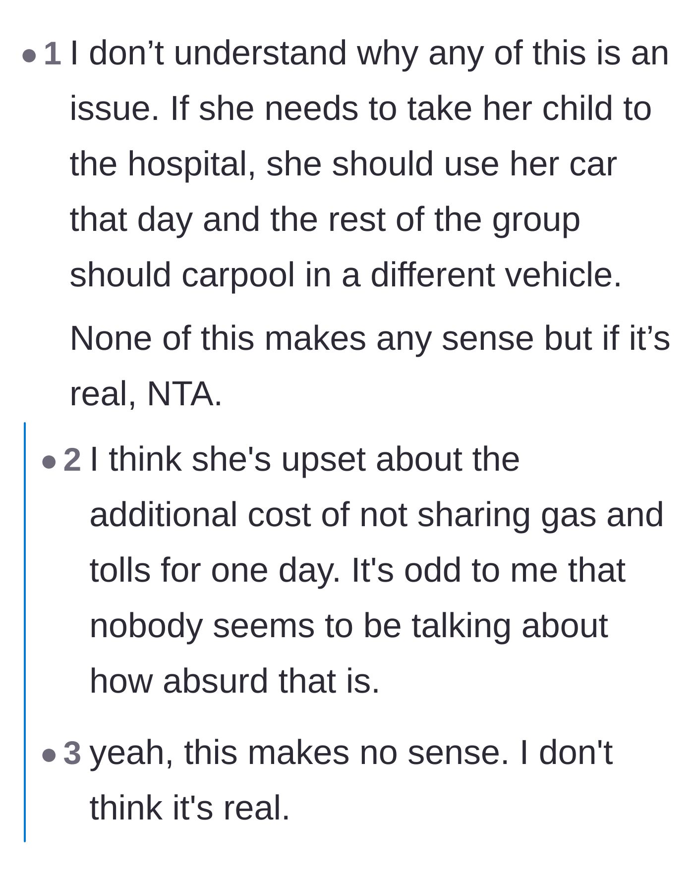 Comment thread 1 - Readers debating whether the mother is suffering from extreme financial distress or using the carpool to cover up a lie to management.