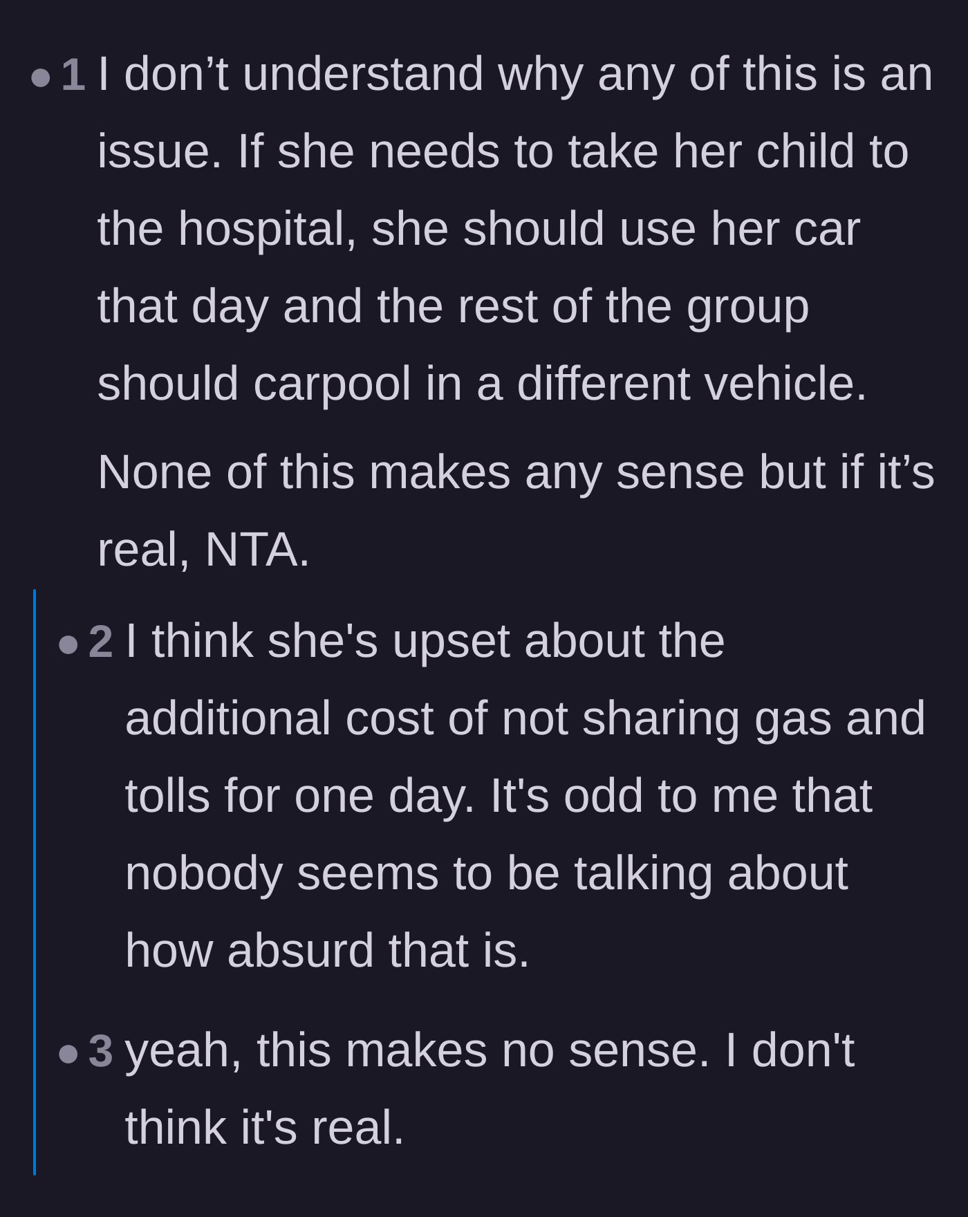 Comment thread 1 - Readers debating whether the mother is suffering from extreme financial distress or using the carpool to cover up a lie to management.