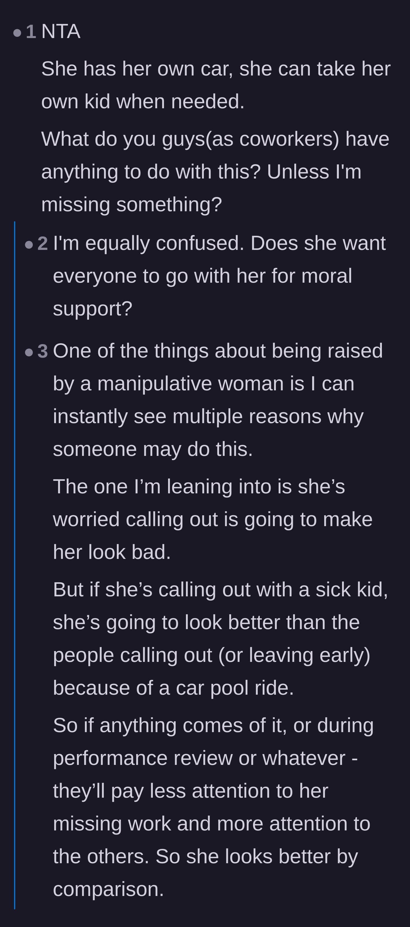 Comment thread 3 - Users questioning why the coworkers are involved at all, theorizing she wants them to leave early for moral support or to avoid looking bad.