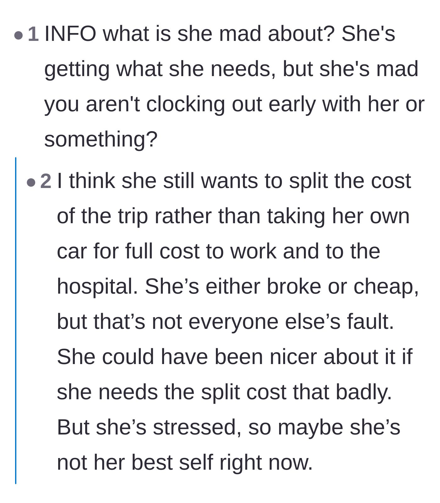 Comment thread 5 - A user asking why the coworker is angry when she got what she needed, concluding she is just cheap or broke.