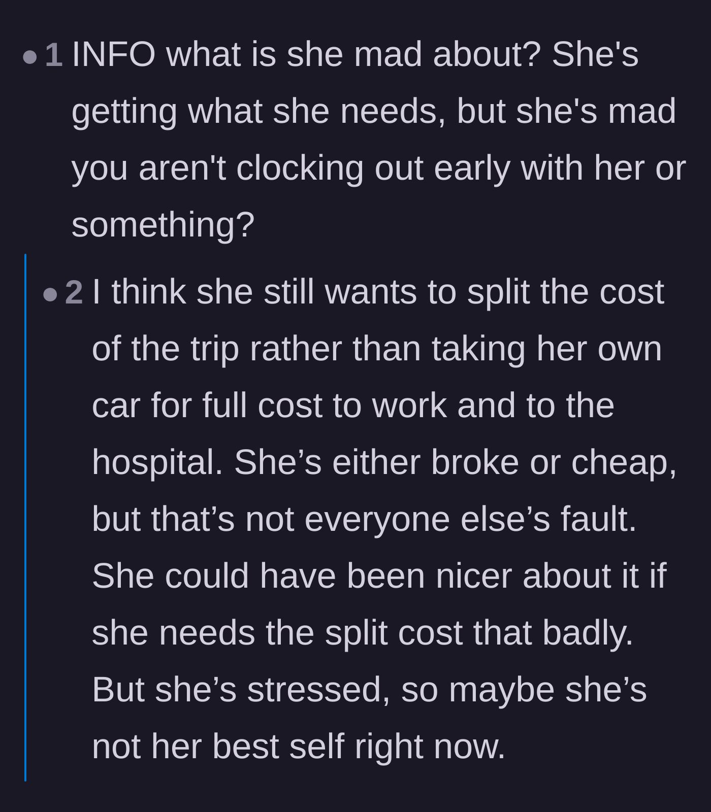 Comment thread 5 - A user asking why the coworker is angry when she got what she needed, concluding she is just cheap or broke.