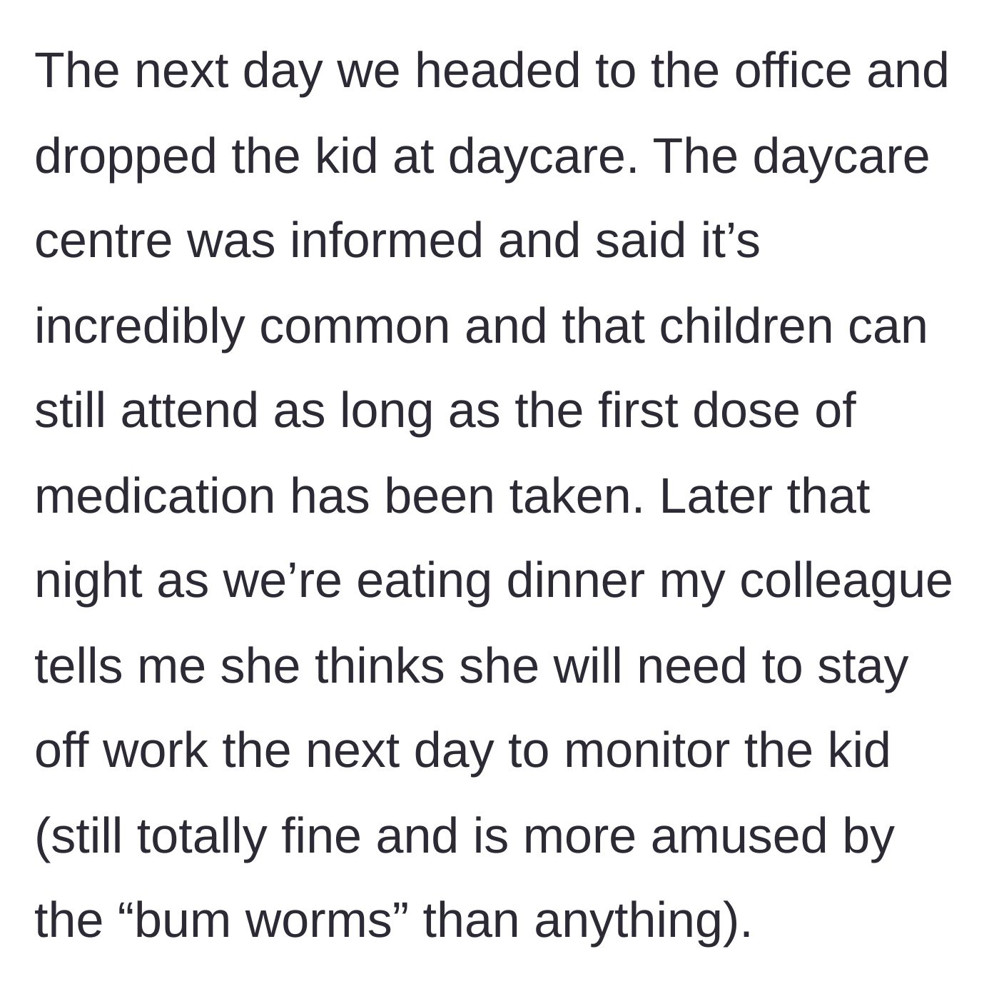 Story part 2 - The daycare clears the child to attend, but the roommate decides she needs a day off anyway.