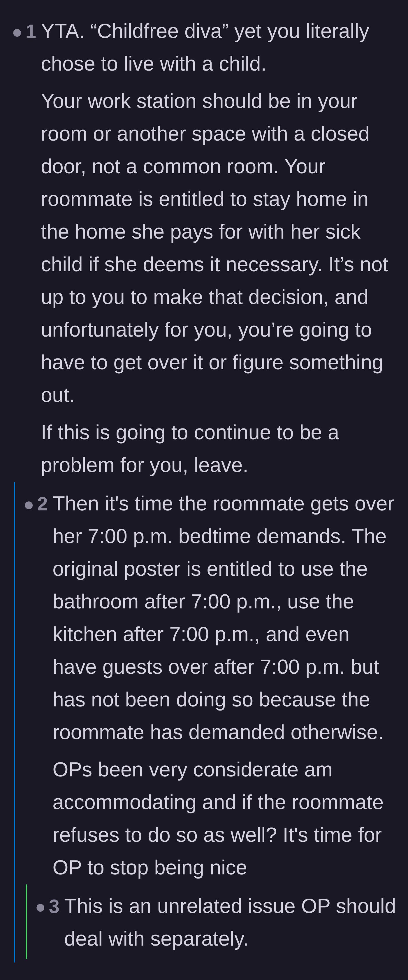 Comment thread 4 - A commenter calling the original poster a diva, countered by a reply pointing out the roommate's hypocritical 7 PM house curfew.