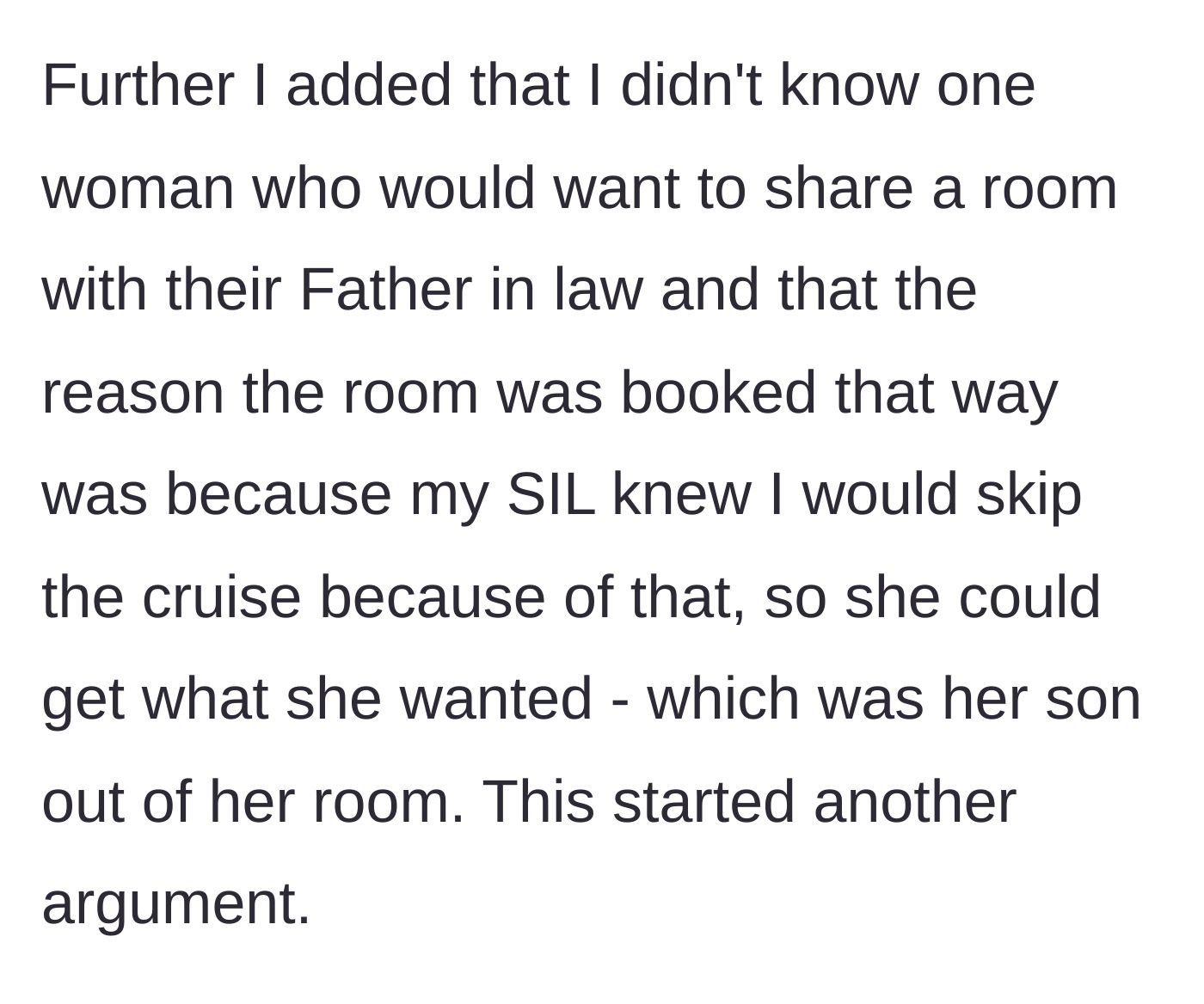 Story part 4 - Main character calls out the sister-in-law's transparent manipulation to secure an empty room for herself.