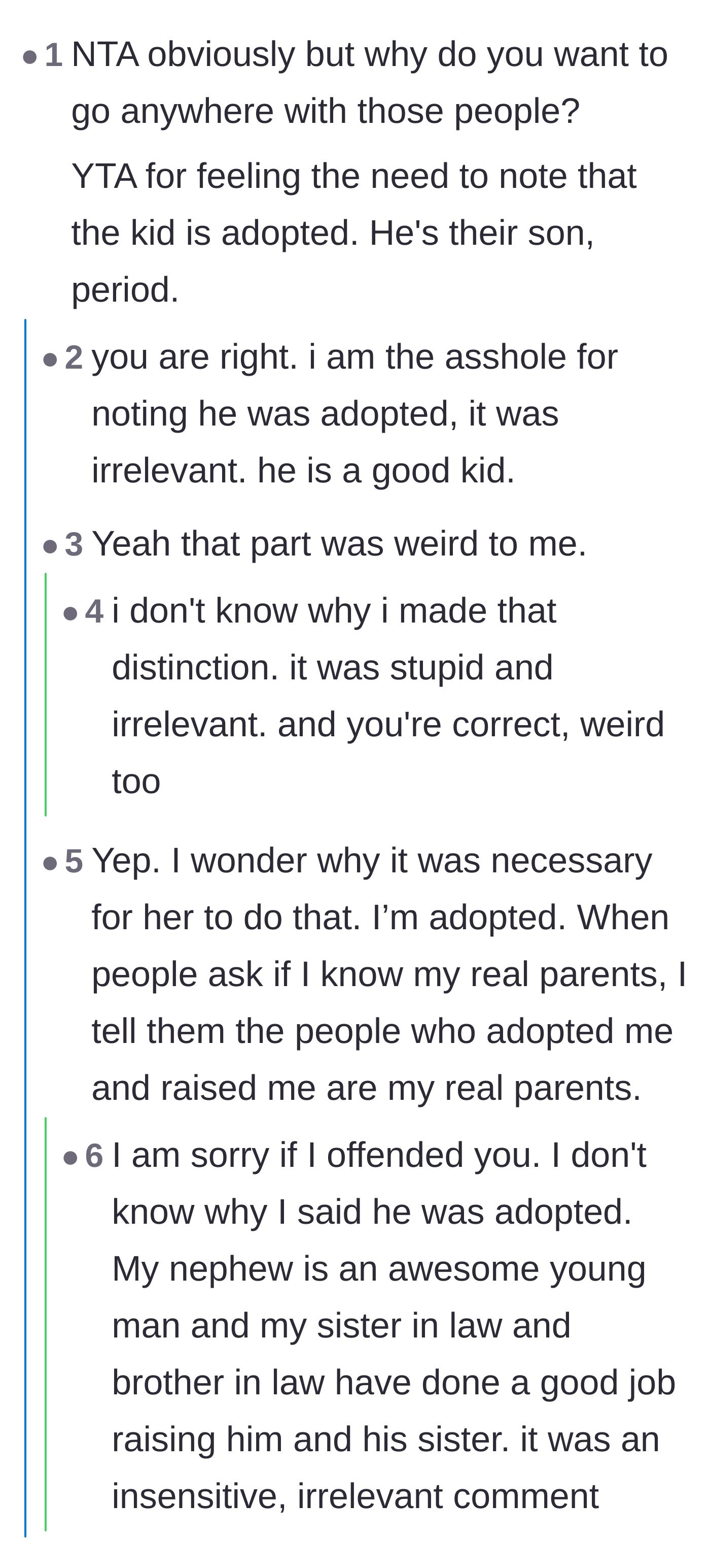 Comment thread 2 - A discussion calling out the main character for unnecessarily highlighting that her nephew is adopted.
