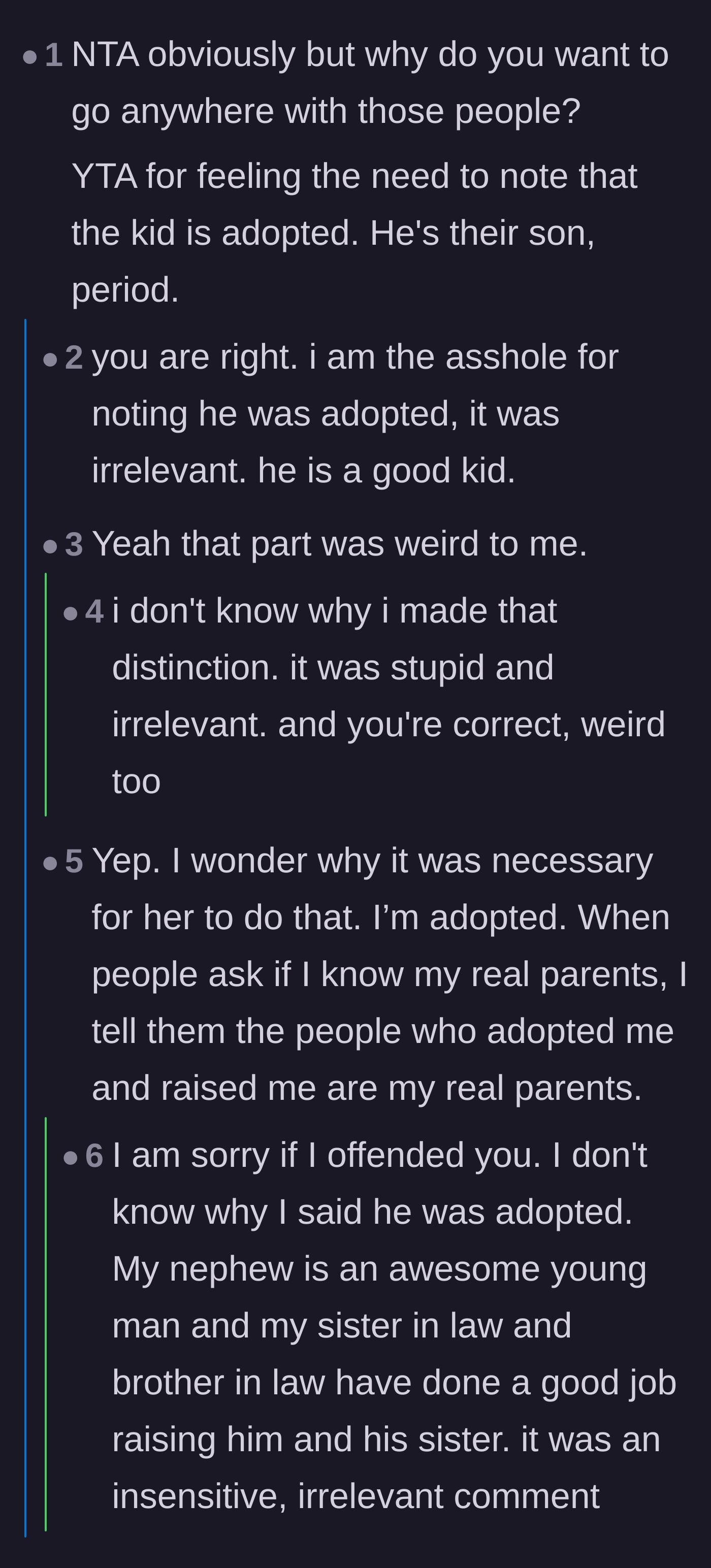 Comment thread 2 - A discussion calling out the main character for unnecessarily highlighting that her nephew is adopted.