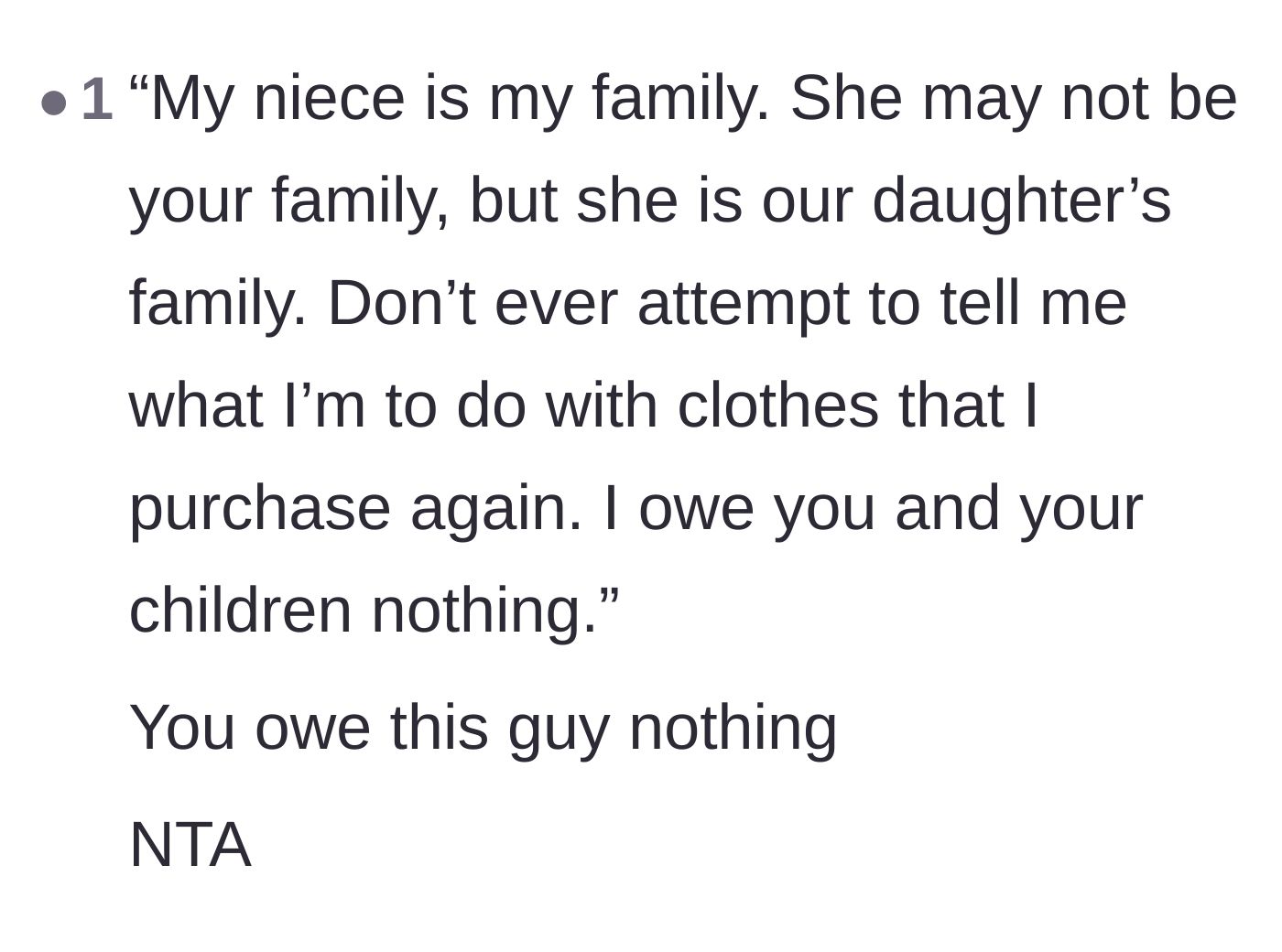 Comment thread 3 - A drafted response reminding the ex that the mother owes him and his new household absolutely nothing.