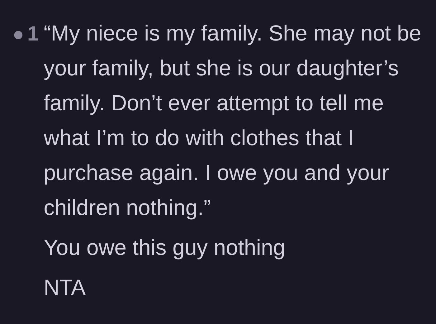 Comment thread 3 - A drafted response reminding the ex that the mother owes him and his new household absolutely nothing.