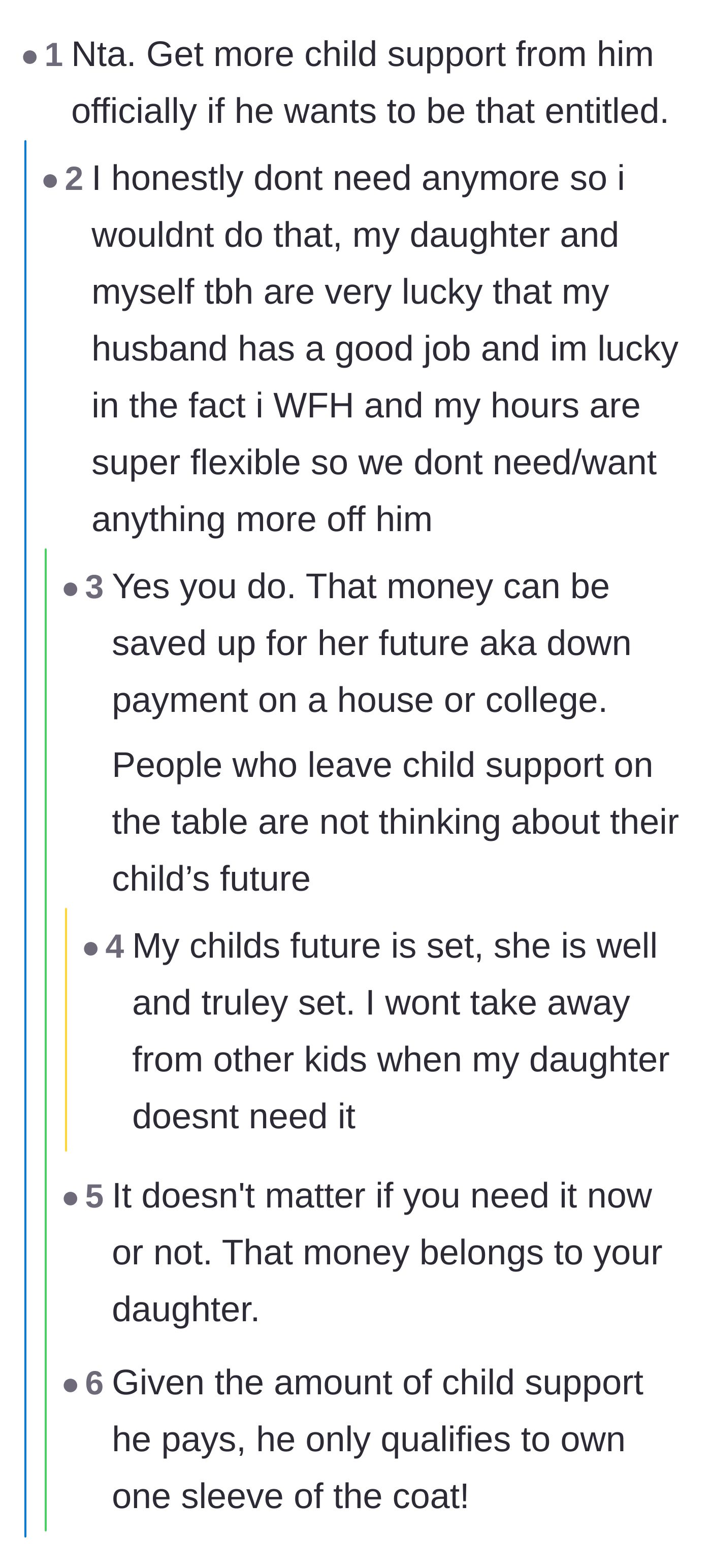 Comment thread 4 - A debate over whether the mother should take the ex to court for more child support, which she declines to do.