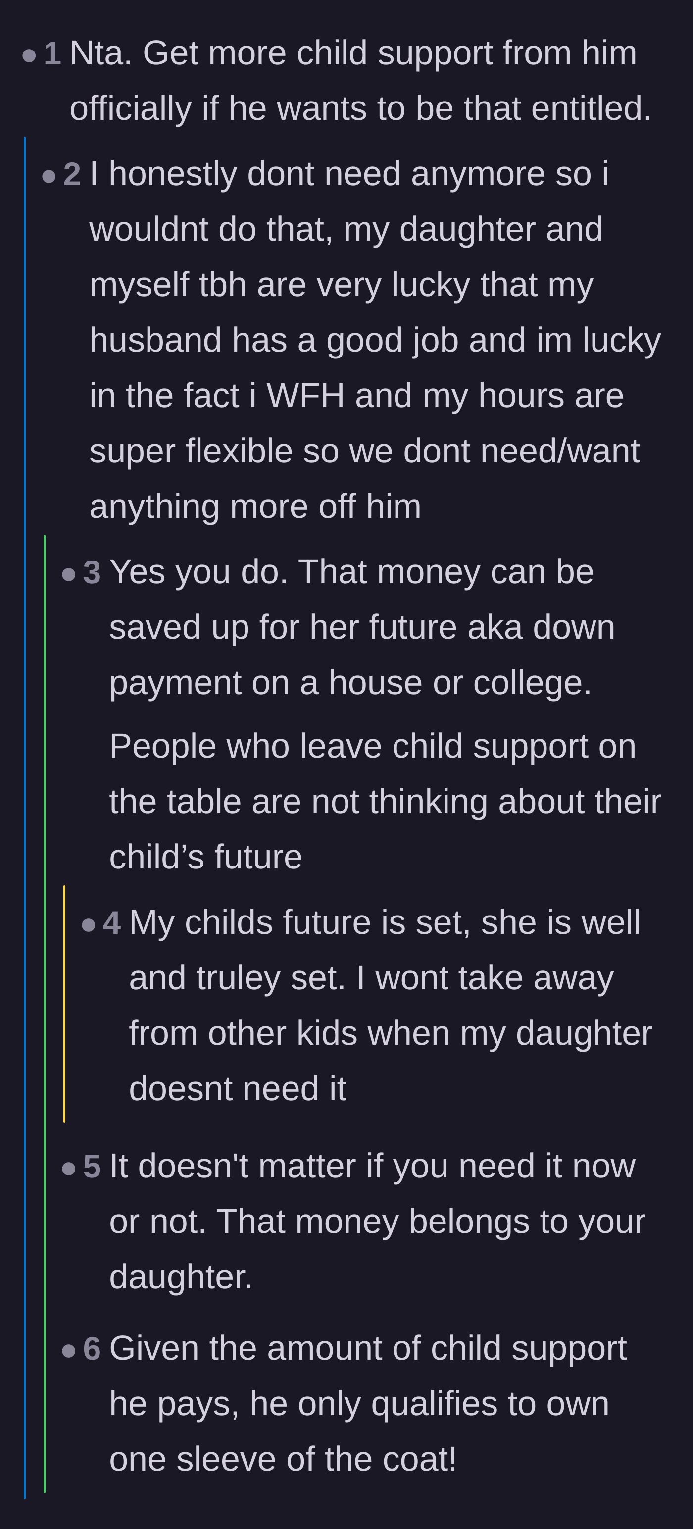 Comment thread 4 - A debate over whether the mother should take the ex to court for more child support, which she declines to do.