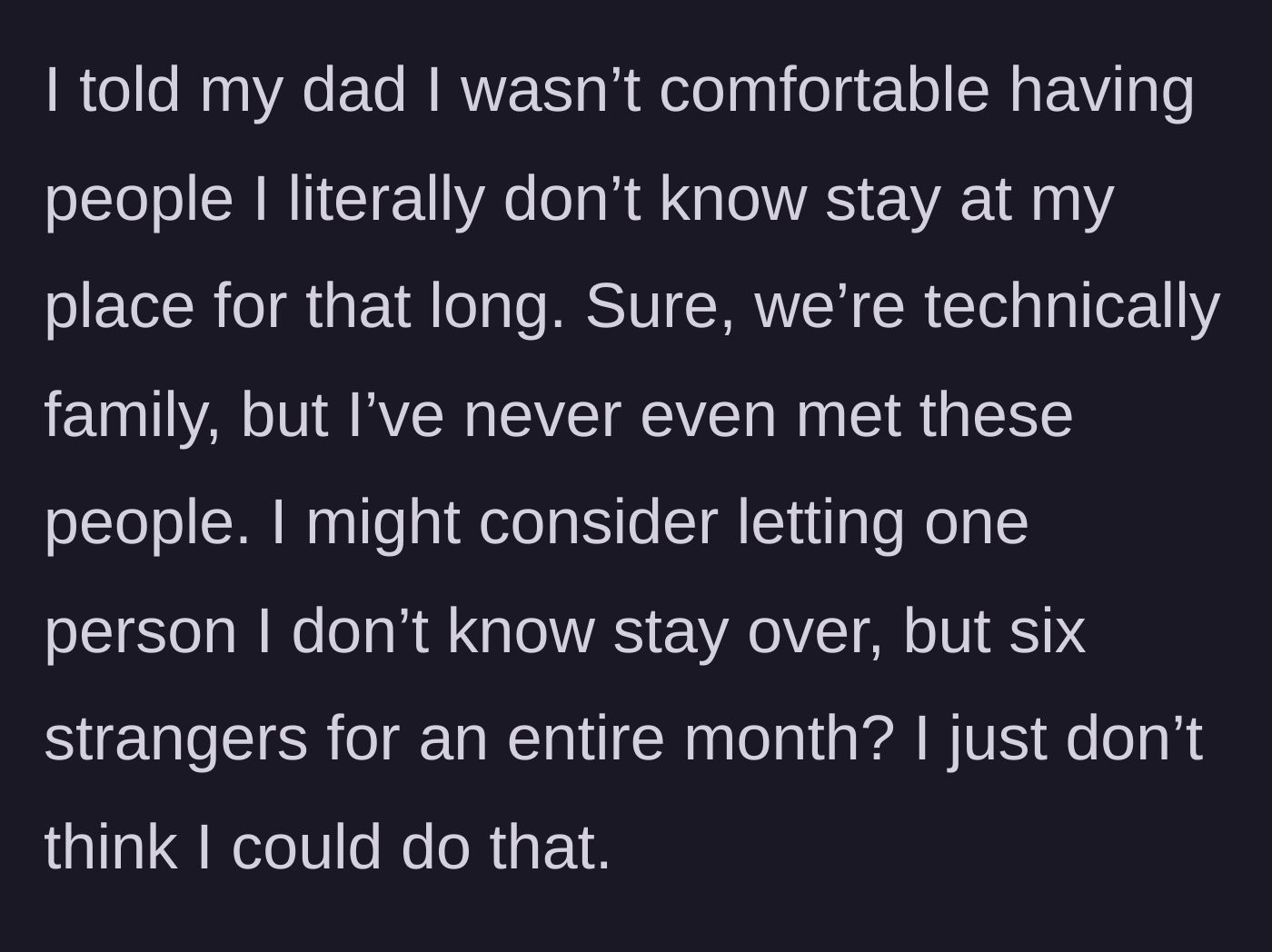Story part 3 - The realization that the request involves housing six strangers for a month.