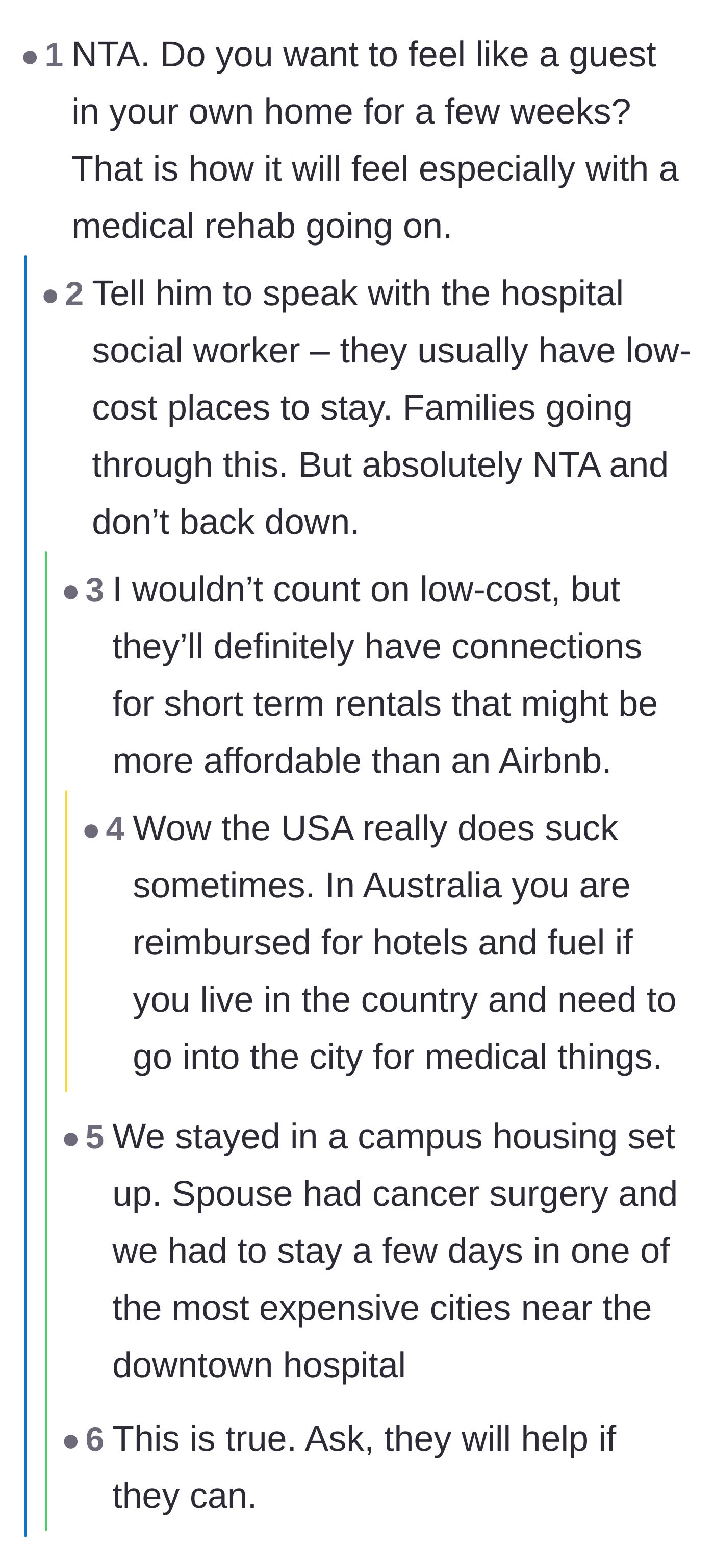 Comment thread 2 - Advice about contacting hospital social workers for alternative housing.