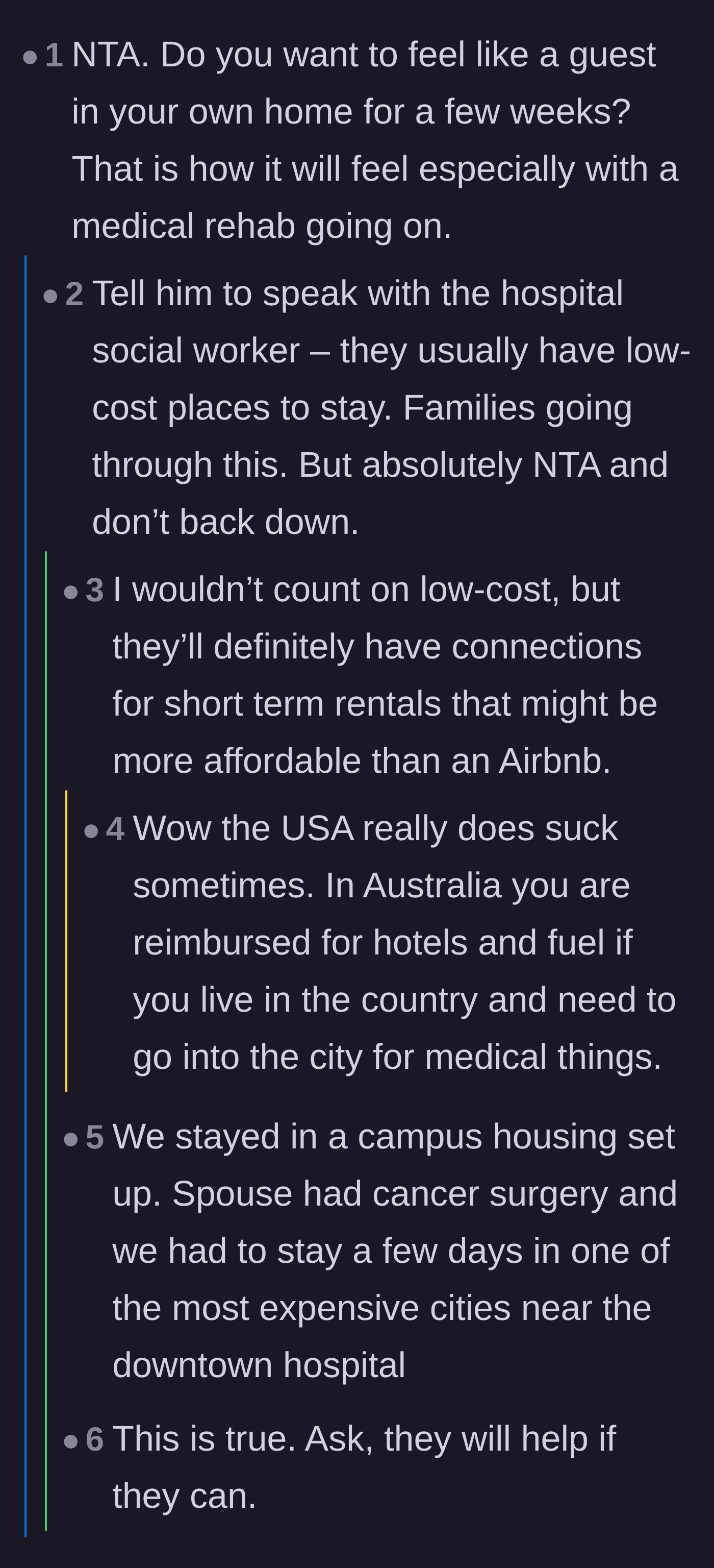 Comment thread 2 - Advice about contacting hospital social workers for alternative housing.