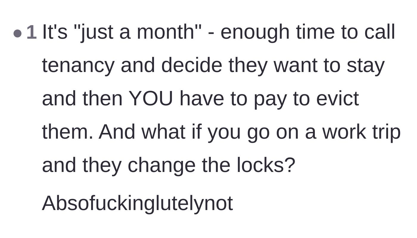 Comment thread 4 - Warning about the legal dangers of squatter's rights and getting locked out of the apartment.