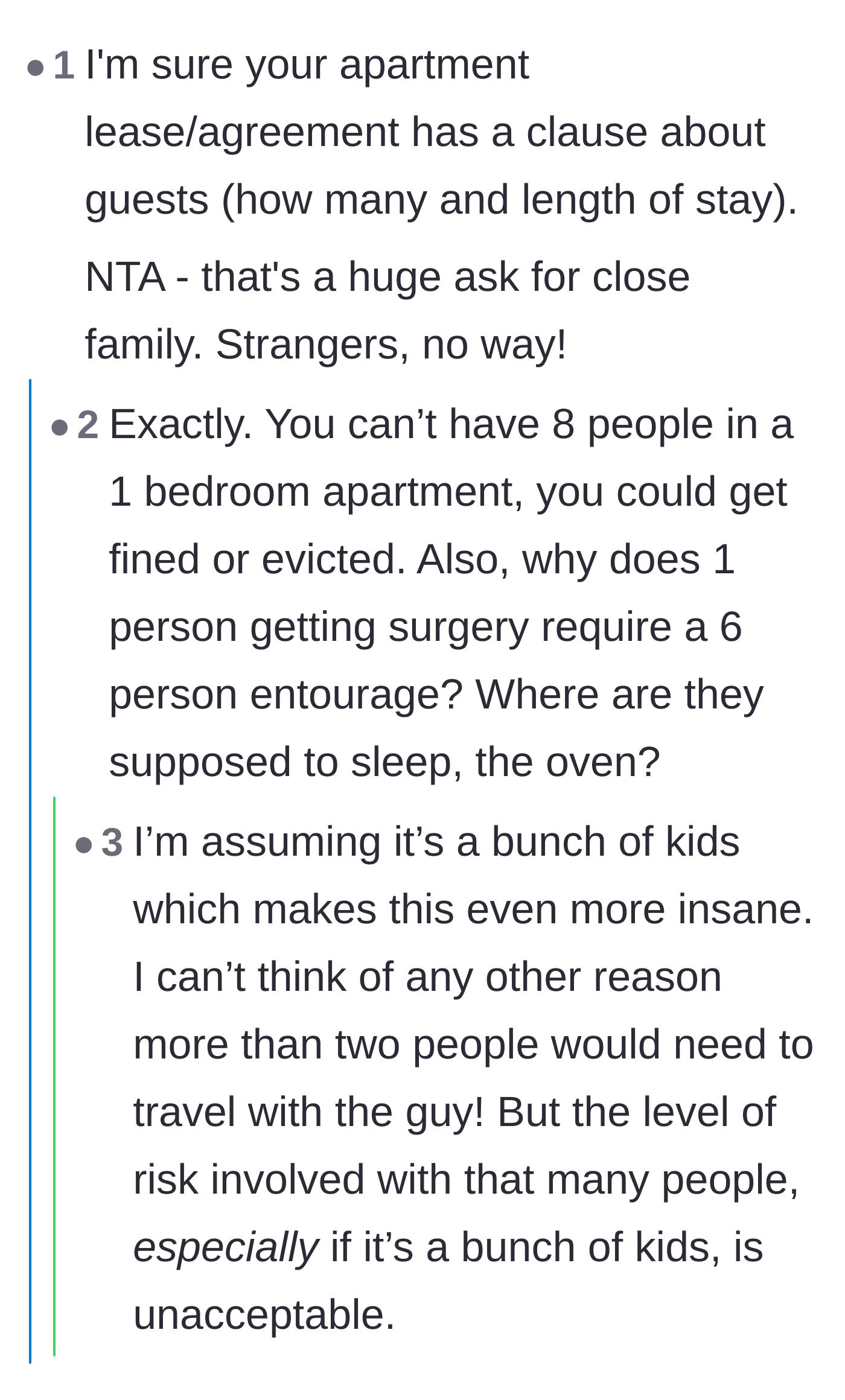 Comment thread 5 - Pointing out lease violations and joking about where eight people would even sleep.