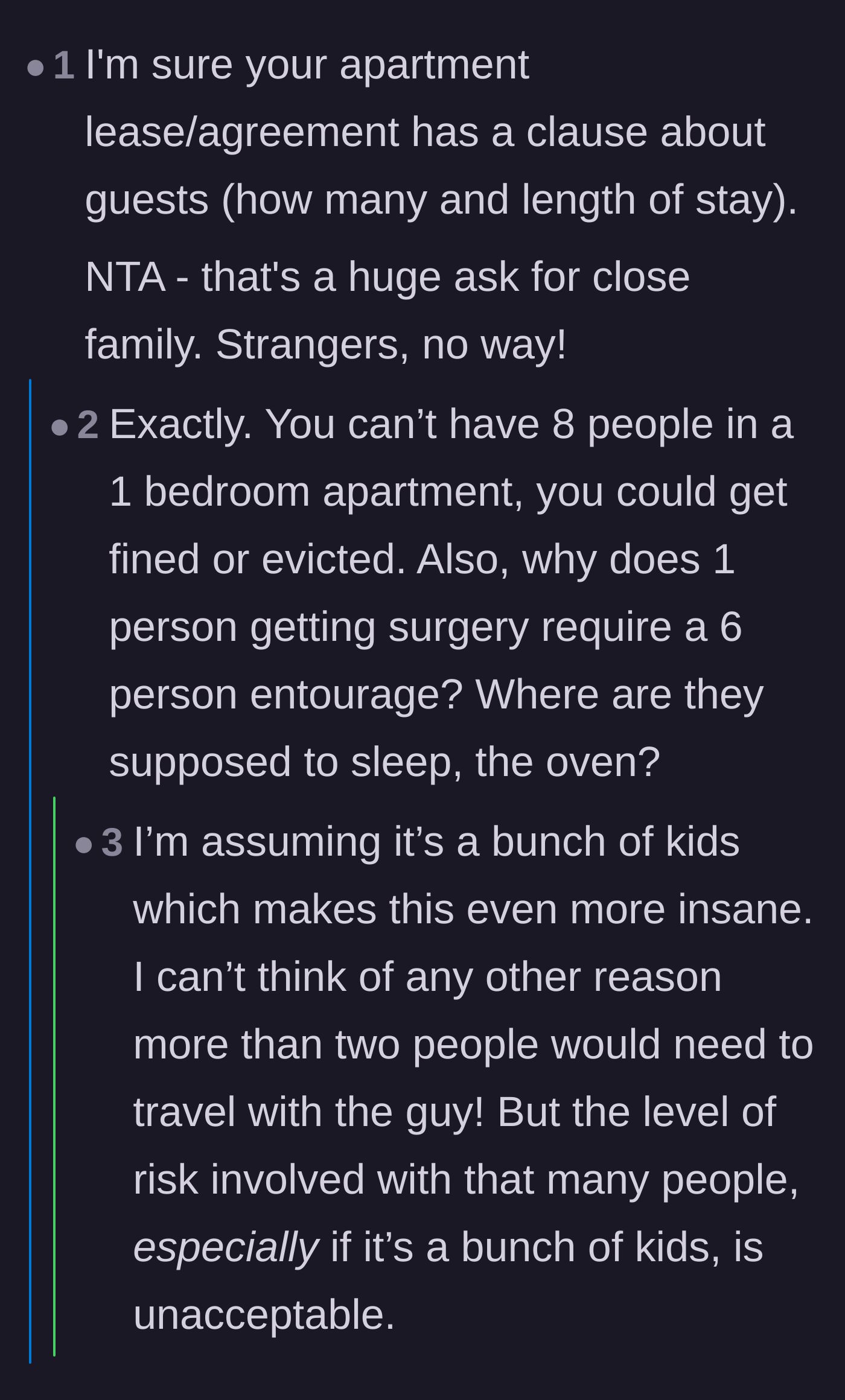Comment thread 5 - Pointing out lease violations and joking about where eight people would even sleep.