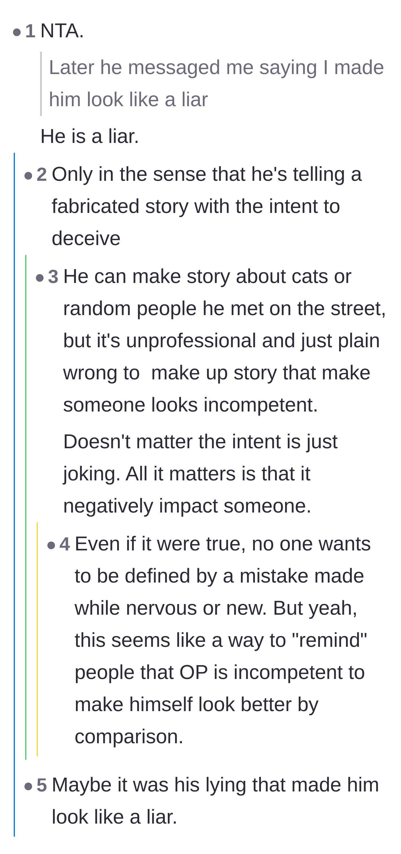 Comment thread 1 - Readers breaking down the definition of a liar and Victor's unprofessional intent to make his coworker look incompetent.
