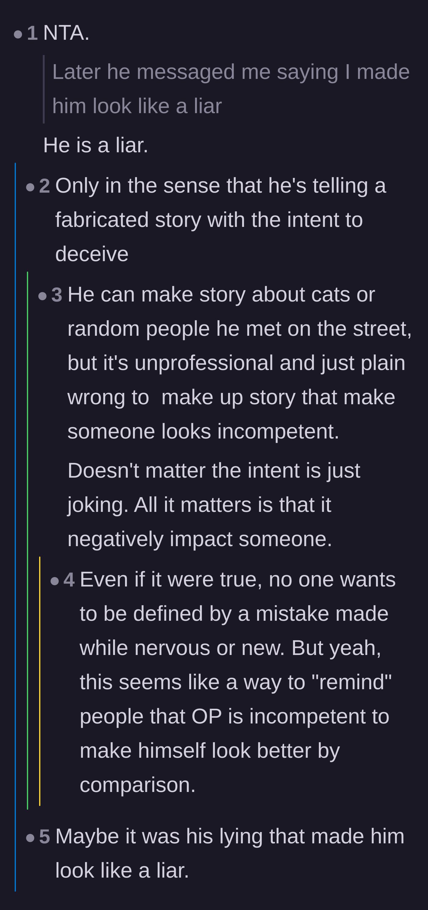 Comment thread 1 - Readers breaking down the definition of a liar and Victor's unprofessional intent to make his coworker look incompetent.