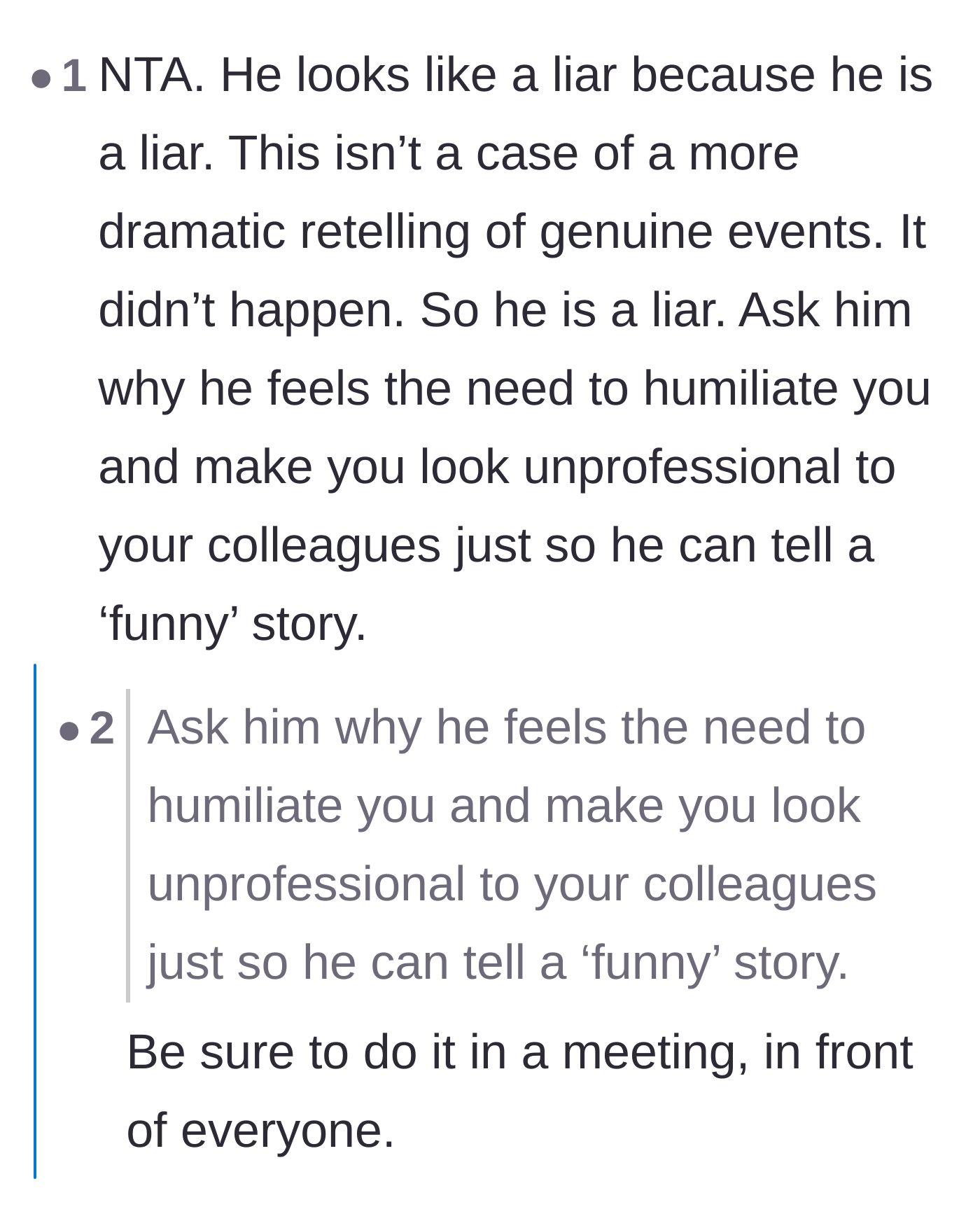 Comment thread 4 - Advice on publicly asking Victor why he needs to humiliate colleagues for a joke.