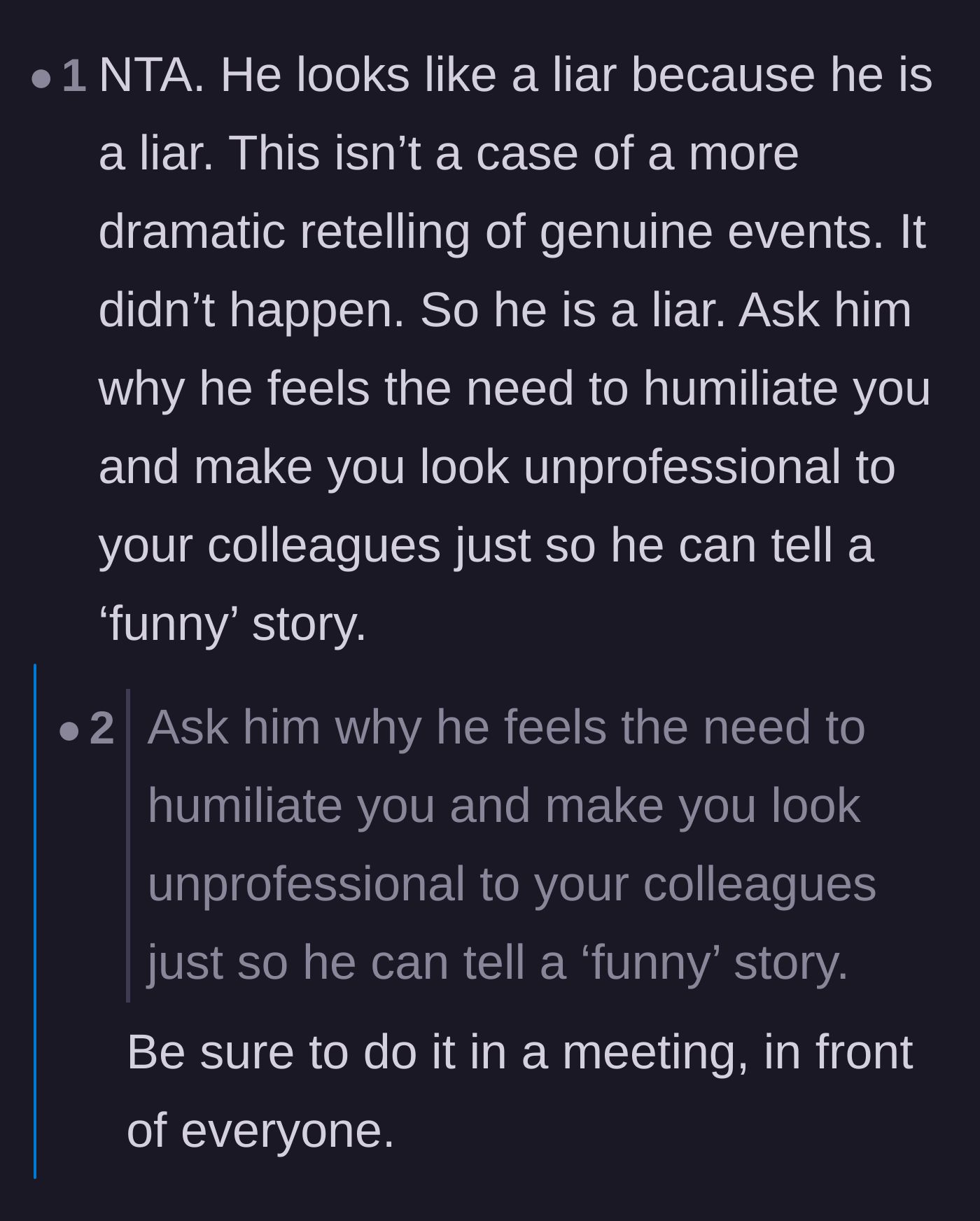 Comment thread 4 - Advice on publicly asking Victor why he needs to humiliate colleagues for a joke.