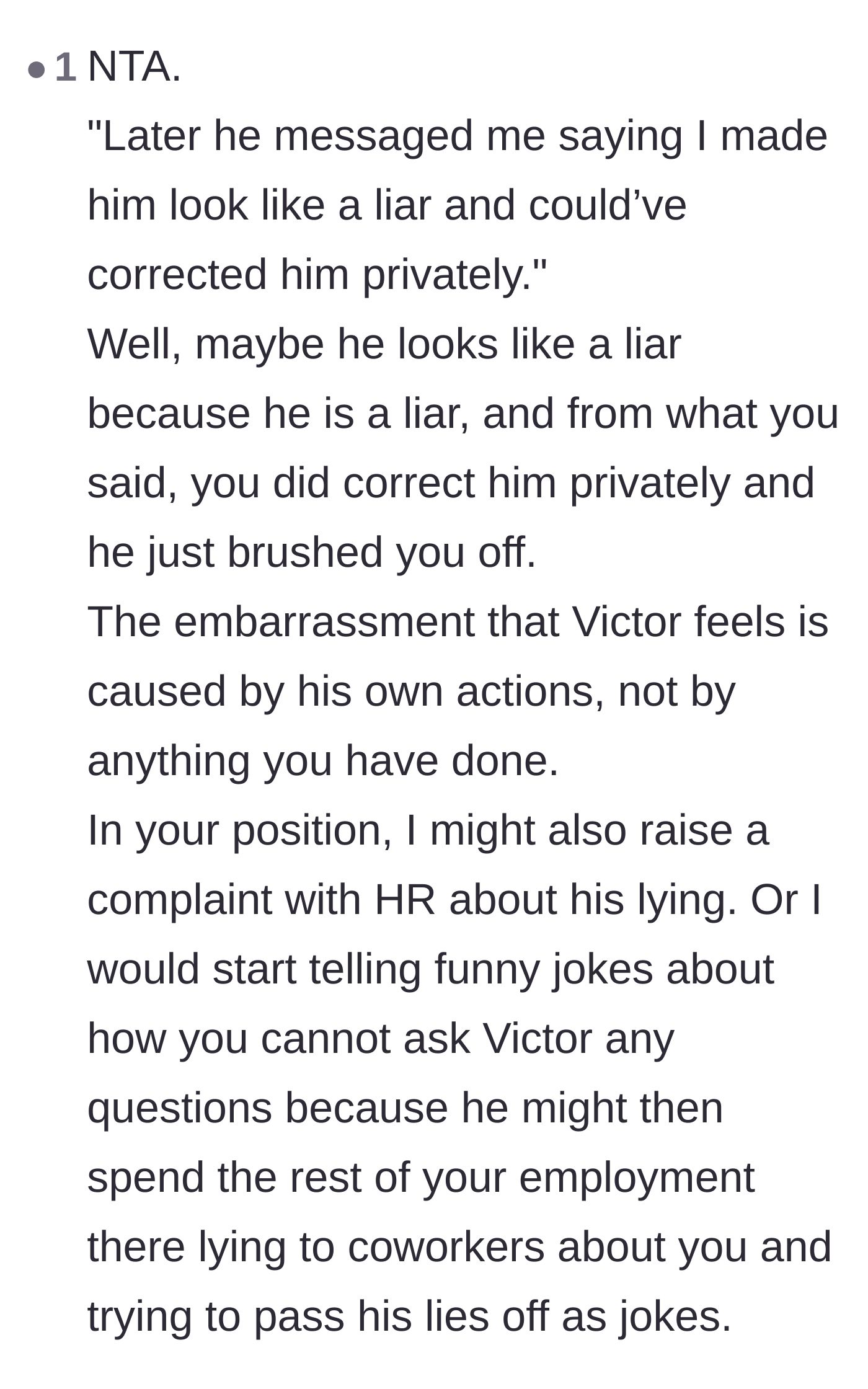 Comment thread 6 - A summary of why Victor earned his embarrassment and a suggestion to report him to HR.