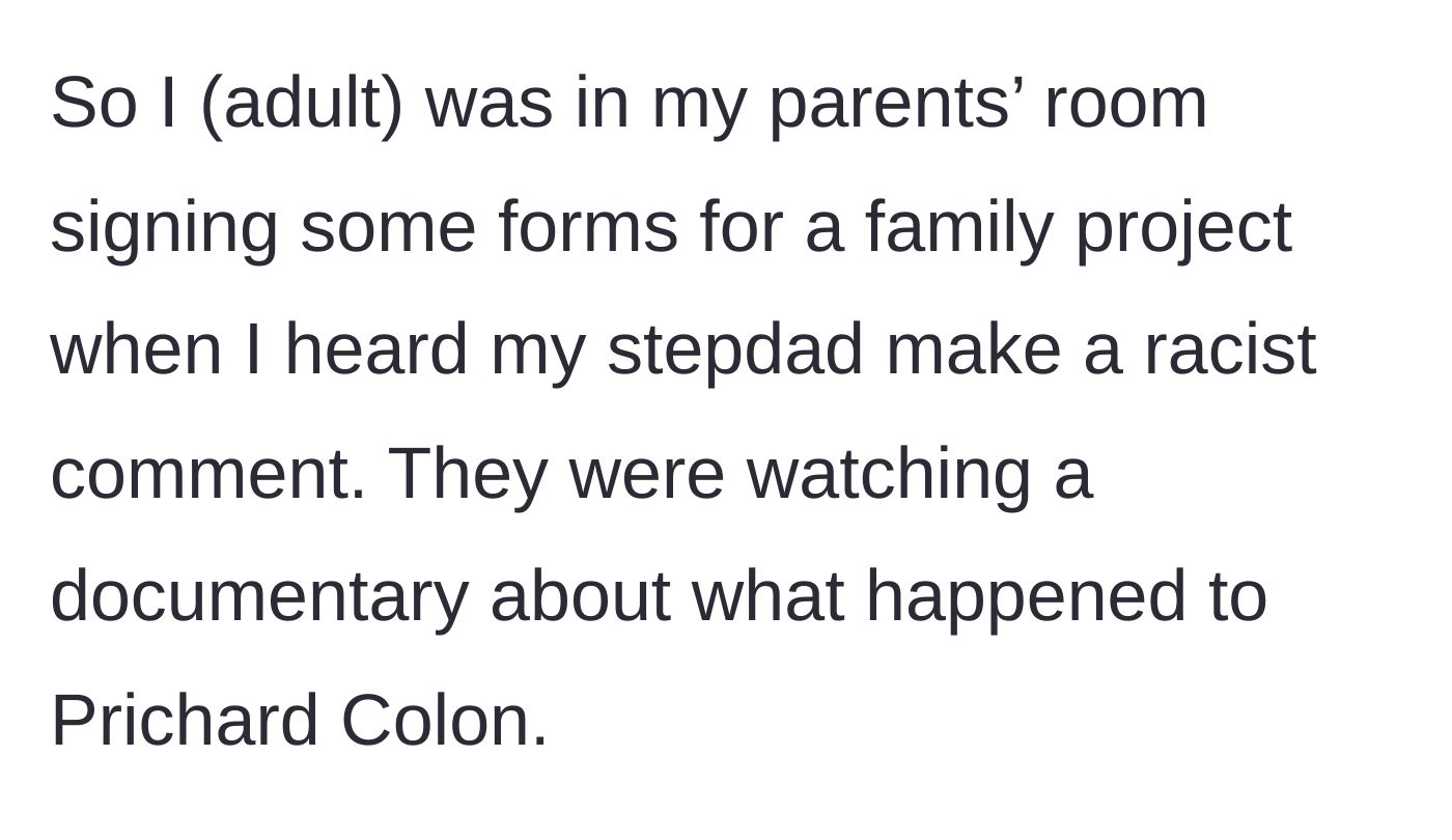 Story part 1 - Adult stepchild in their parents' room helping sign paperwork while a boxing documentary plays in the background.