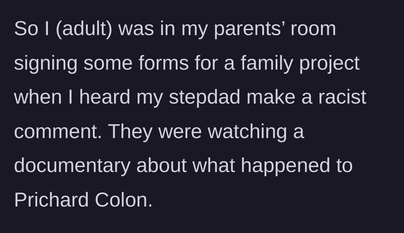 Story part 1 - Adult stepchild in their parents' room helping sign paperwork while a boxing documentary plays in the background.