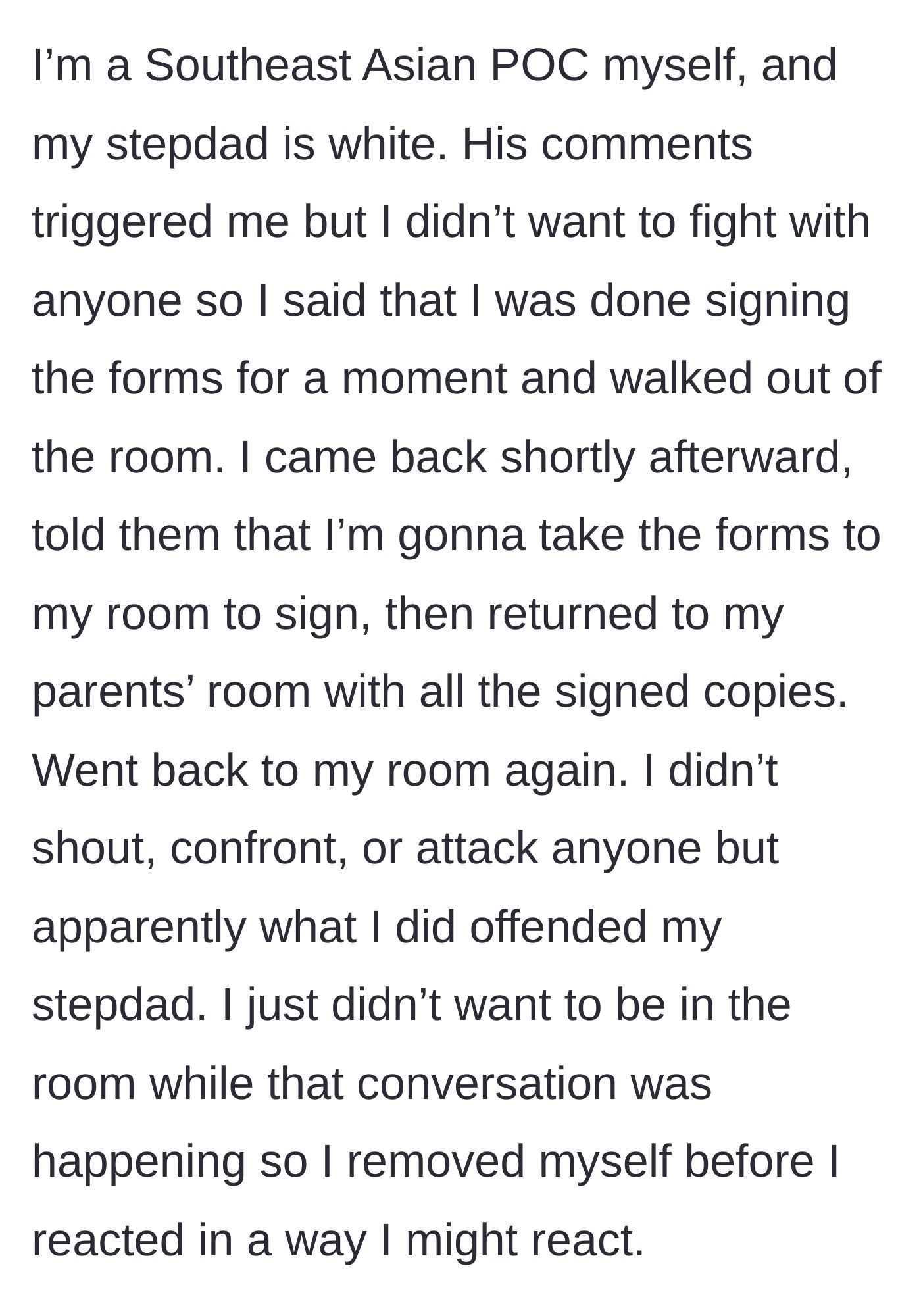 Story part 3 - The main character quietly gathering their forms and leaving the room to cool down without saying a word.