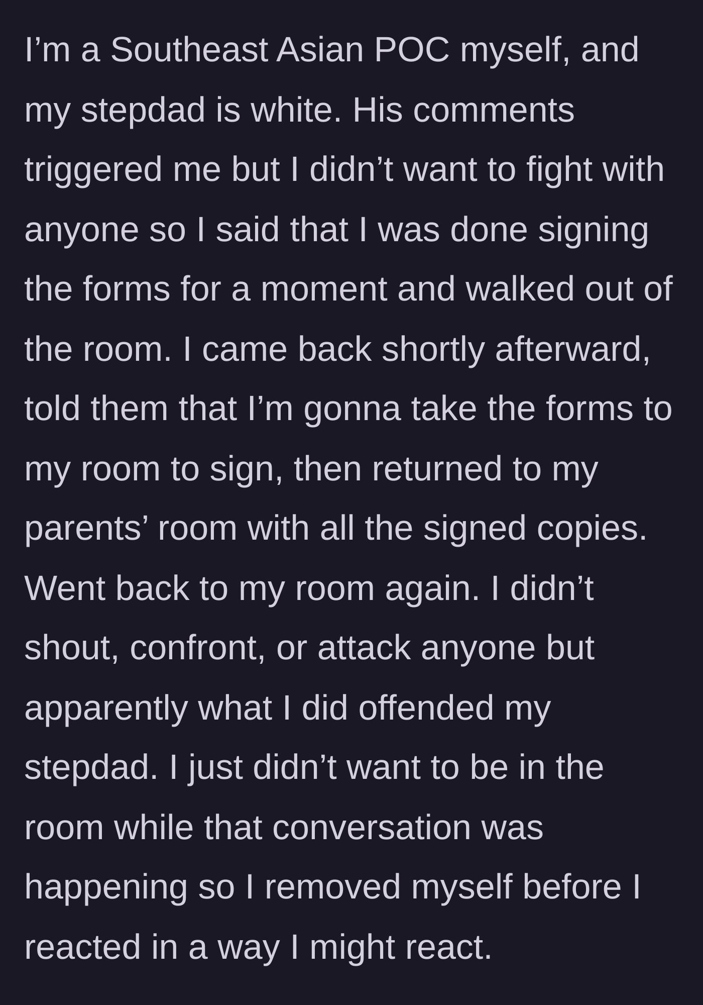 Story part 3 - The main character quietly gathering their forms and leaving the room to cool down without saying a word.