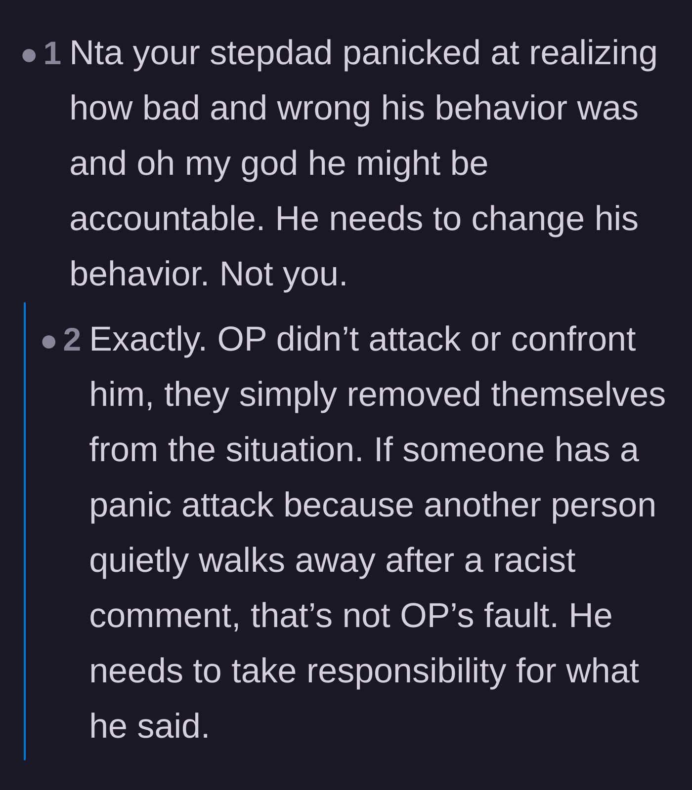 Comment thread 1 - Readers dissecting the stepdad's panic attack as a fear of accountability and advising the main character not to sign legal documents for him.