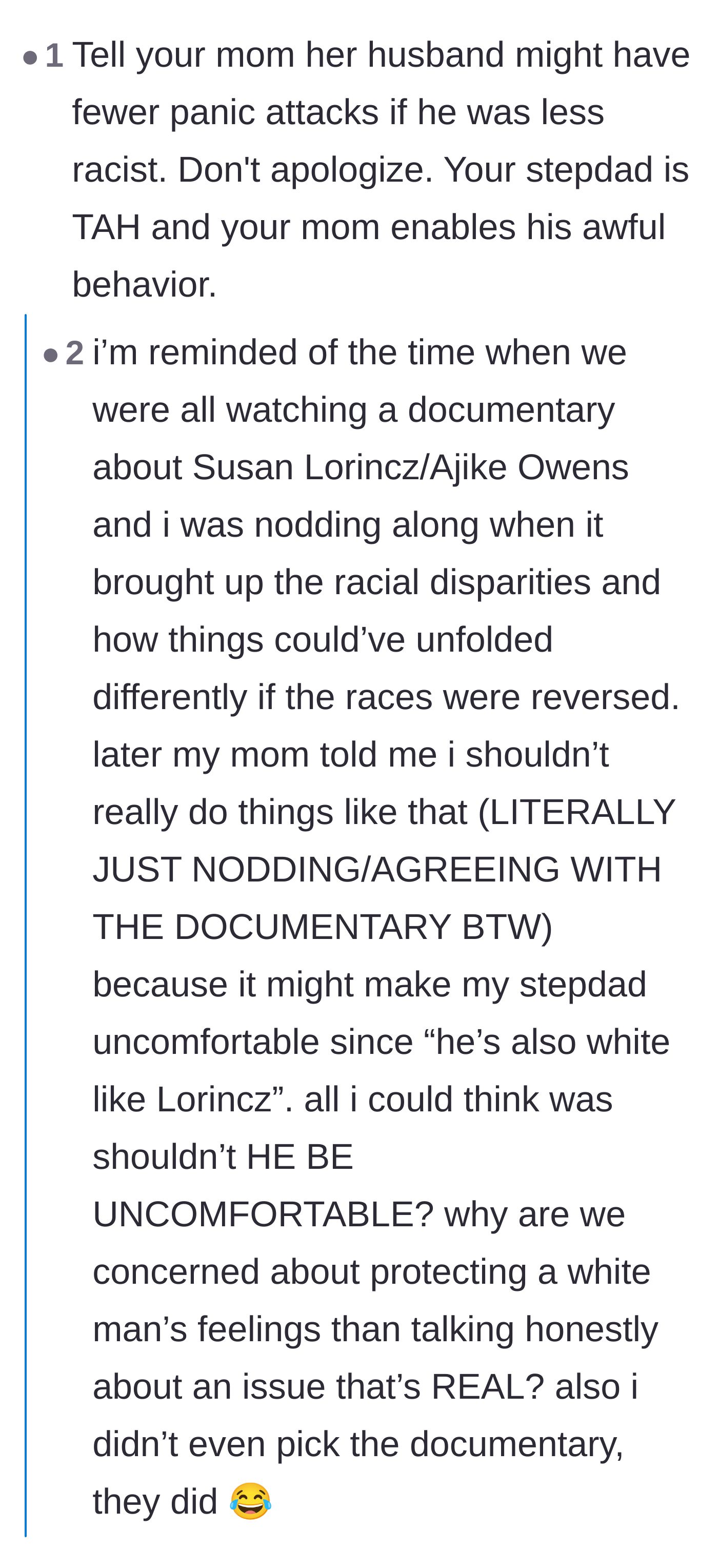 Comment thread 2 - A discussion calling out the mother's enabling behavior and demanding the family stop tiptoeing around the stepdad's bigotry.