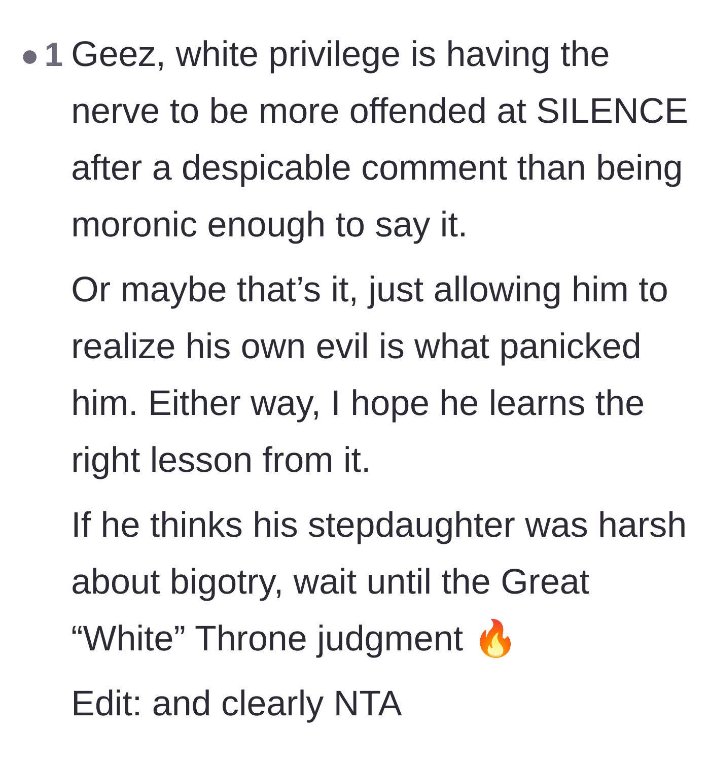 Comment thread 5 - A passionate reaction calling out the stepdad's white privilege and his hypocritical outrage over the main character's silence.