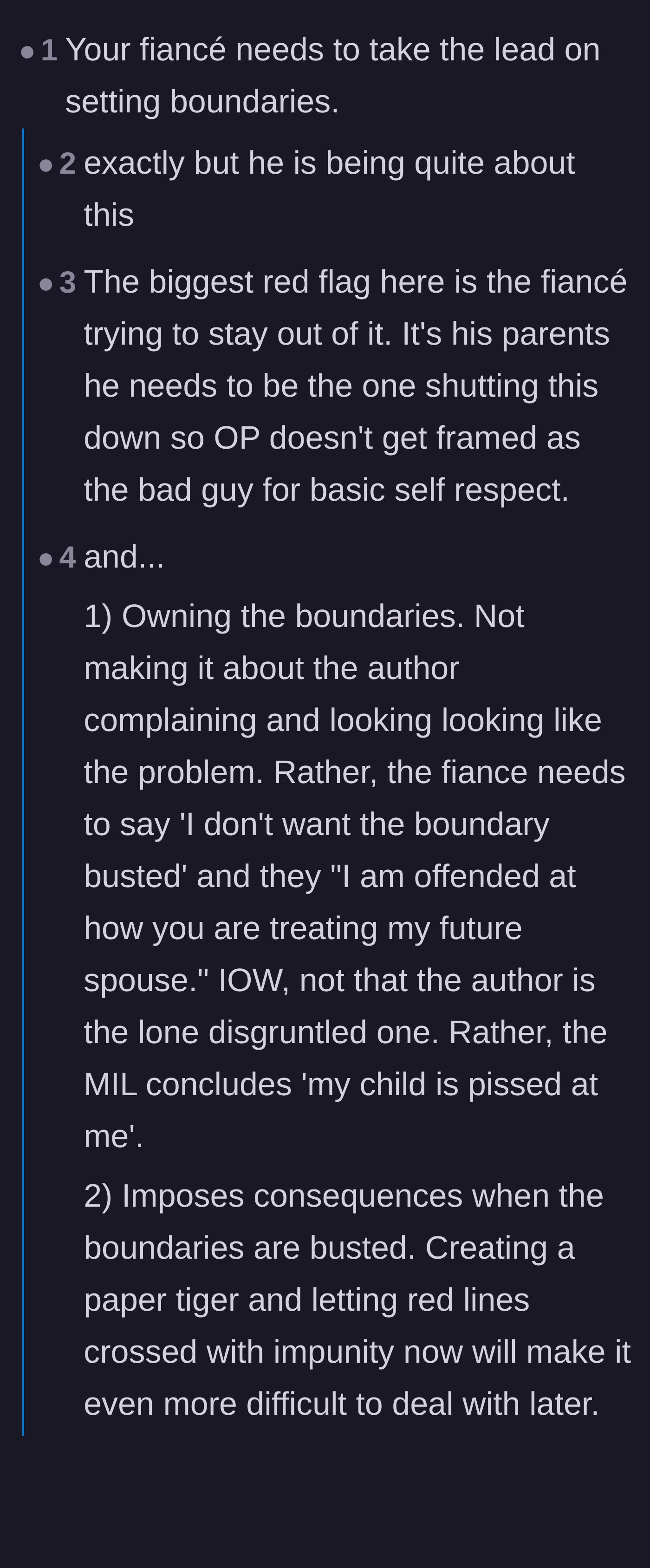 Comment thread 1 - Readers calling out the fiancé for avoiding conflict and making the bride look like the bad guy.