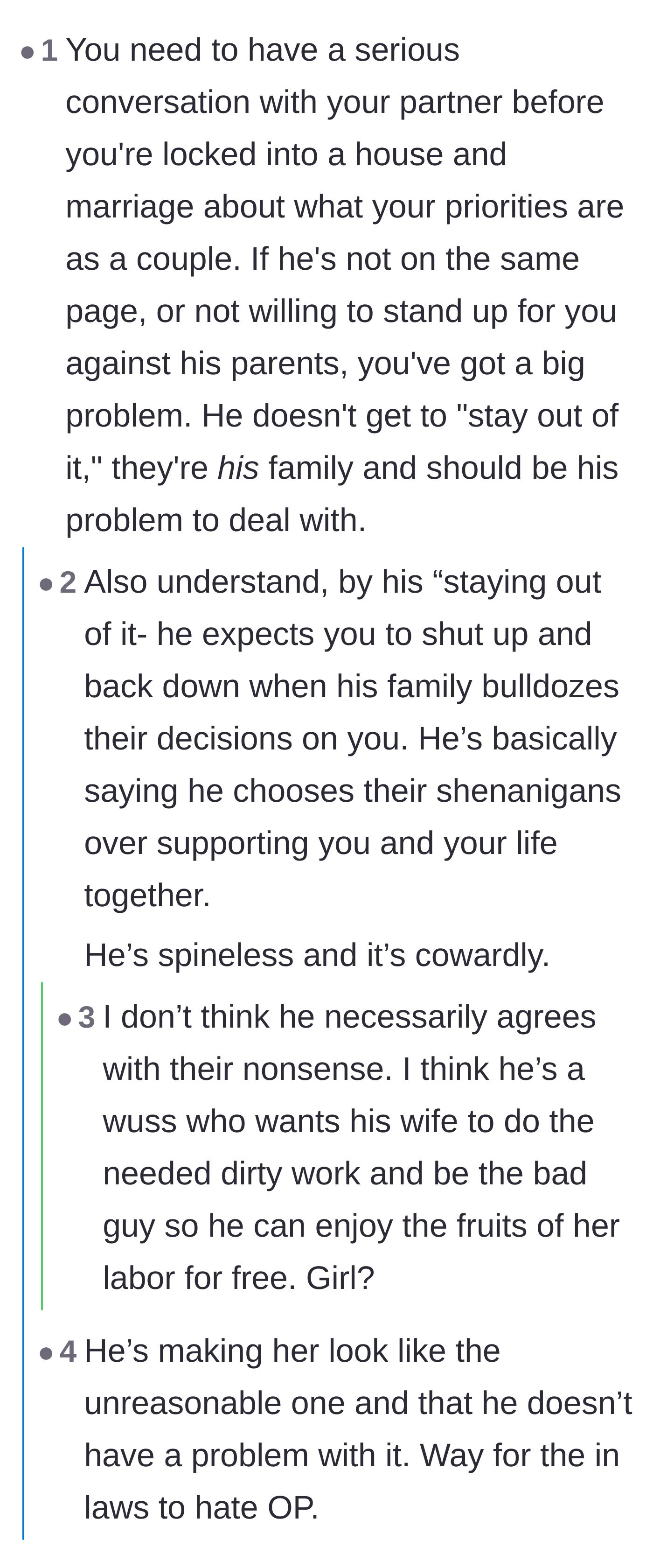 Comment thread 3 - Discussion explaining how the fiancé's silence is actually a cowardly choice to side with his family.