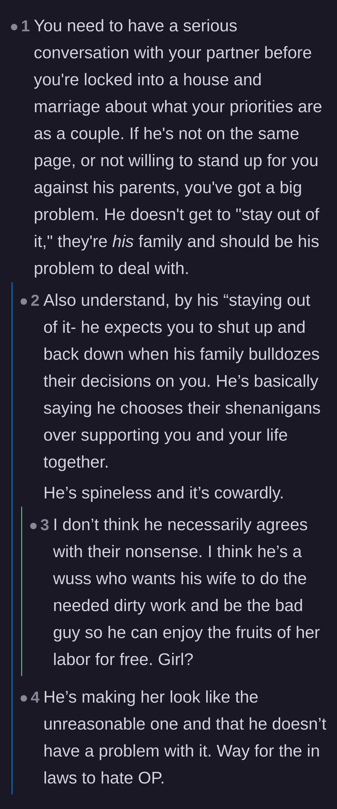 Comment thread 3 - Discussion explaining how the fiancé's silence is actually a cowardly choice to side with his family.