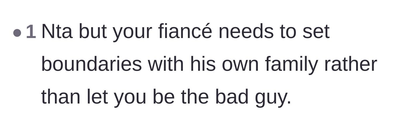 Comment thread 4 - A brief comment stating the fiancé must set boundaries with his own family.