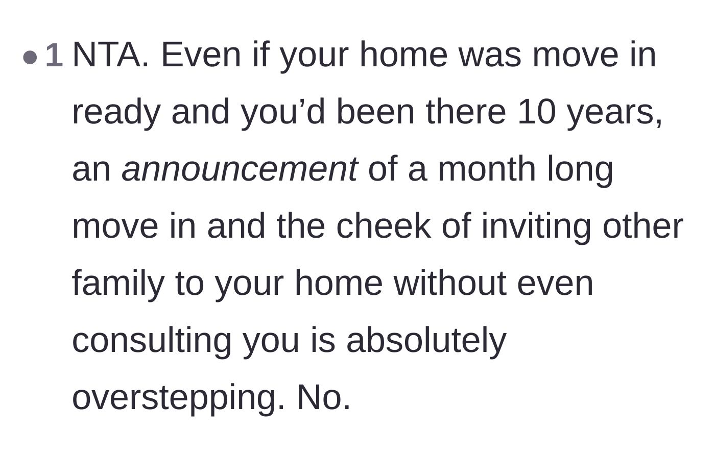 Comment thread 5 - A reminder that a month-long uninvited stay is incredibly rude no matter how long the couple has lived there.