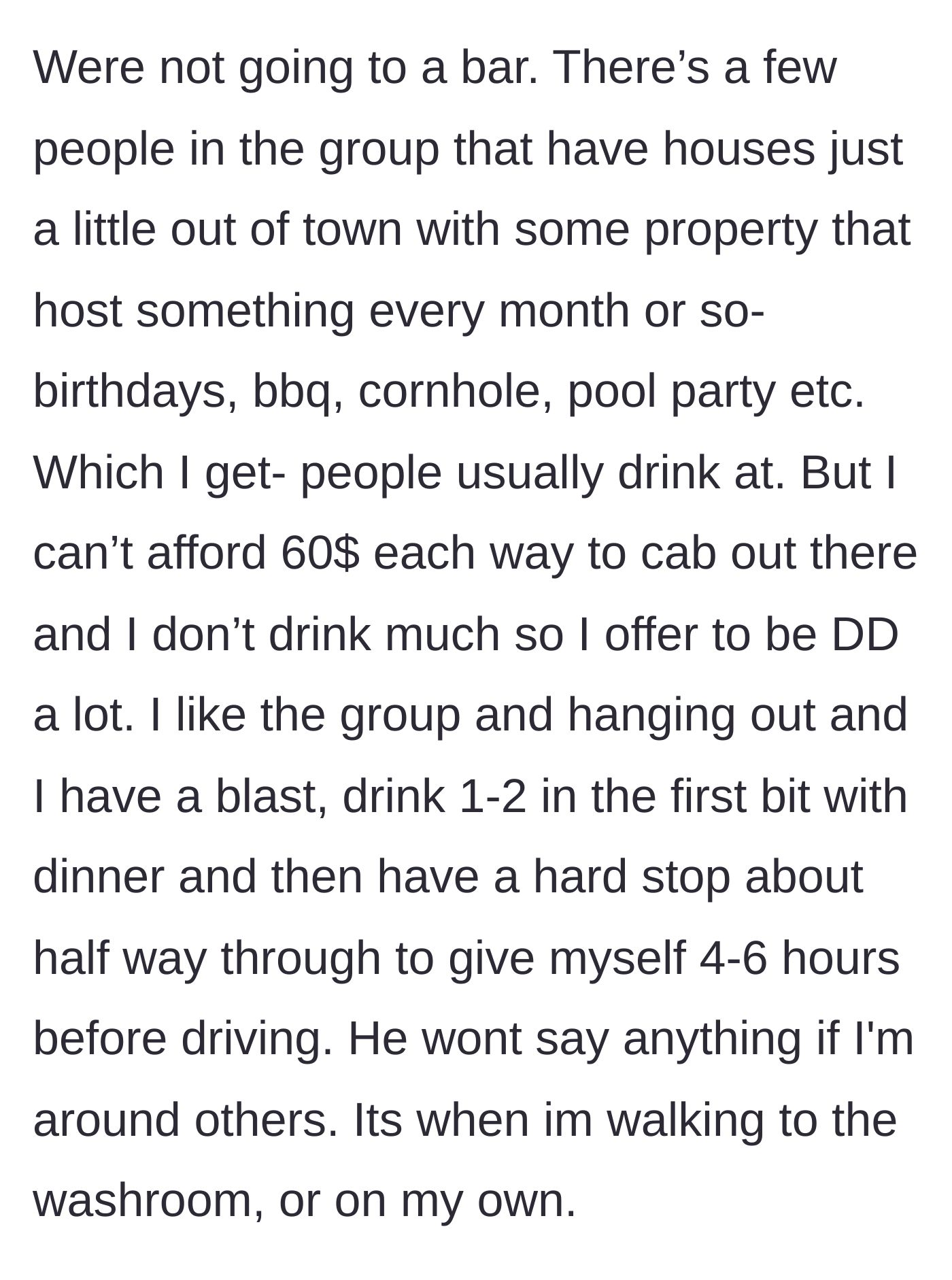 Story part 5 - Context about the suburban house parties they attend, explaining why the author drives and her strict rule of stopping drinking hours before getting behind the wheel.