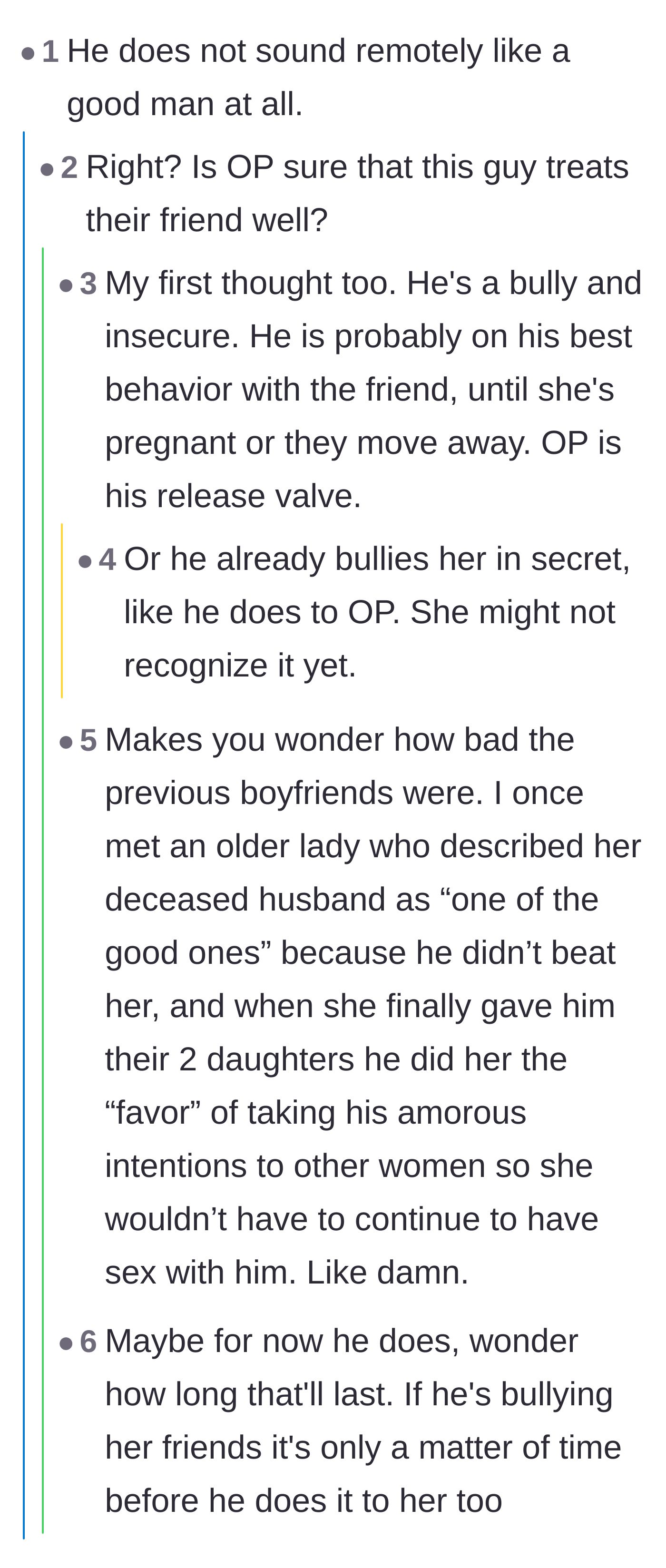 Comment thread 2 - Commenters debating whether the boyfriend actually treats the best friend well or if he is secretly abusing her too.