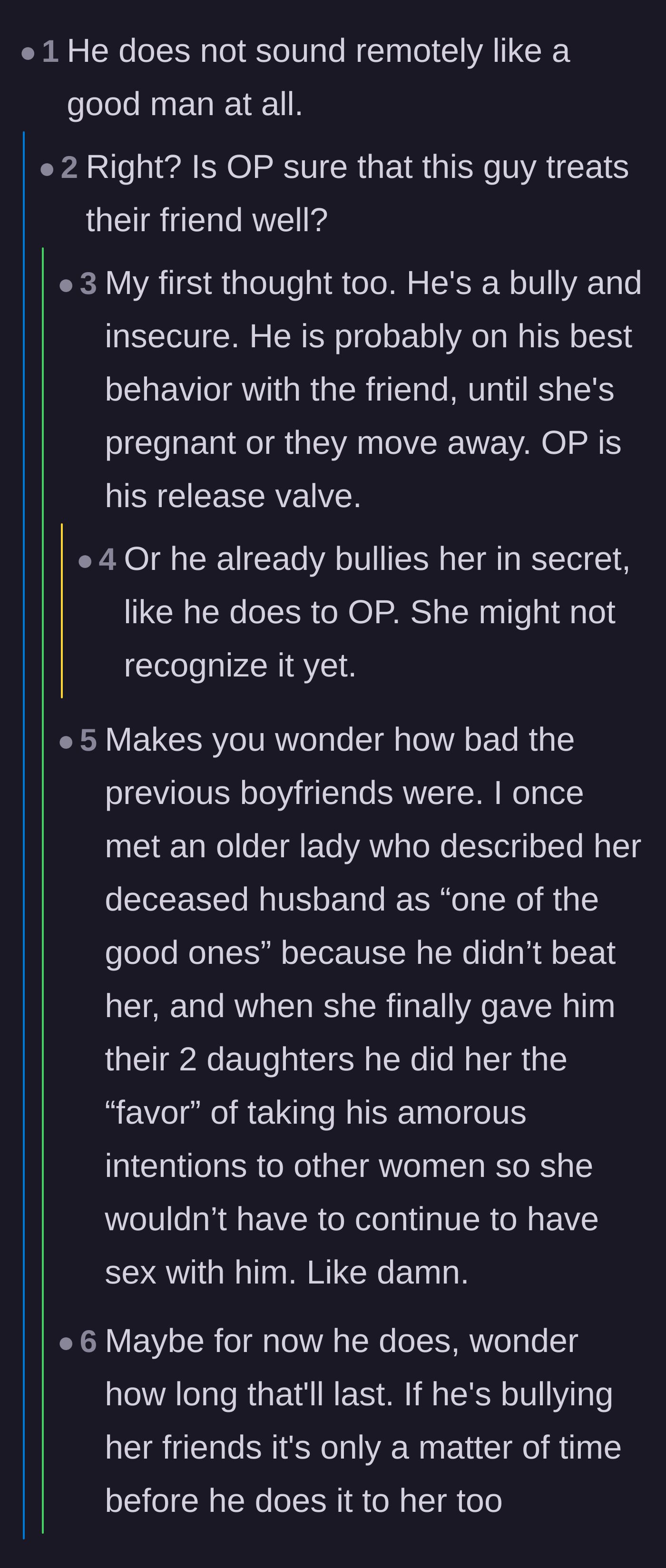 Comment thread 2 - Commenters debating whether the boyfriend actually treats the best friend well or if he is secretly abusing her too.