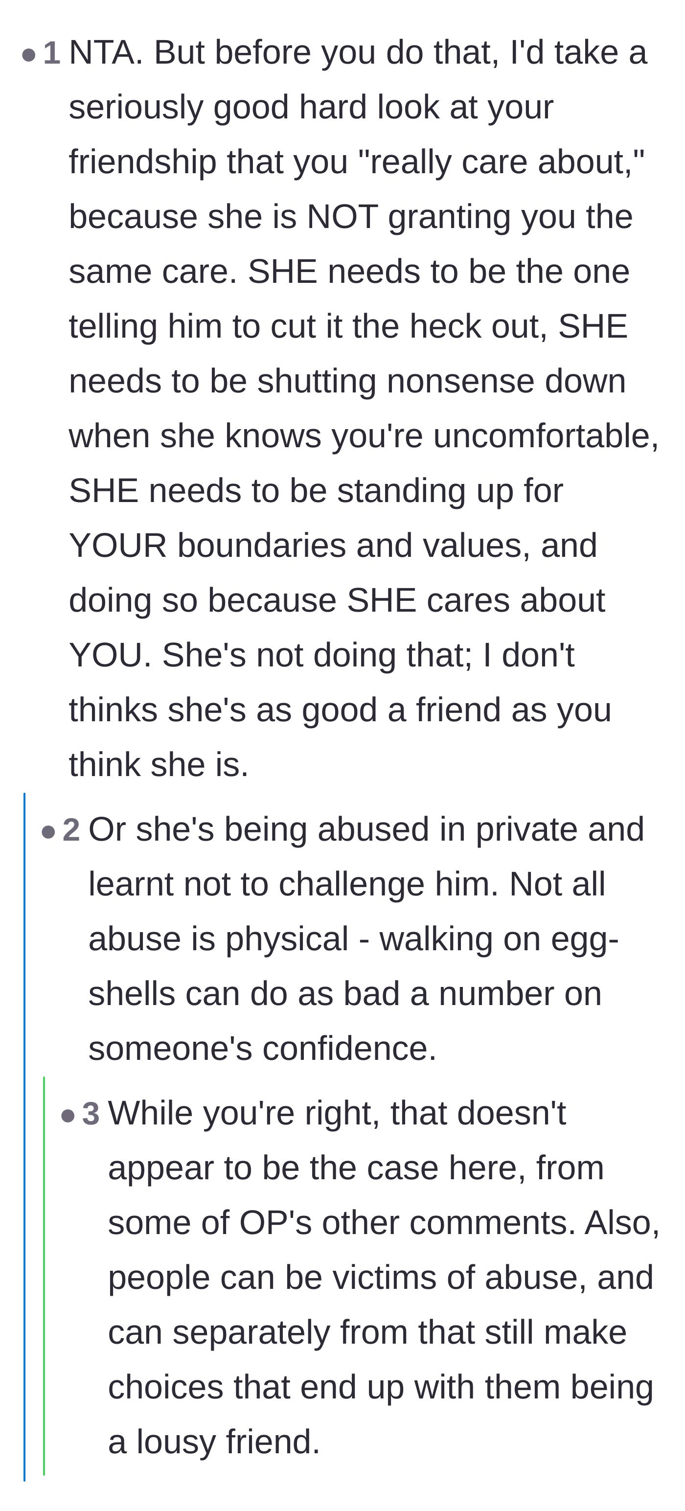 Comment thread 3 - A debate on whether the best friend is a bad friend for not protecting the author, or a silent victim of the boyfriend's abuse.