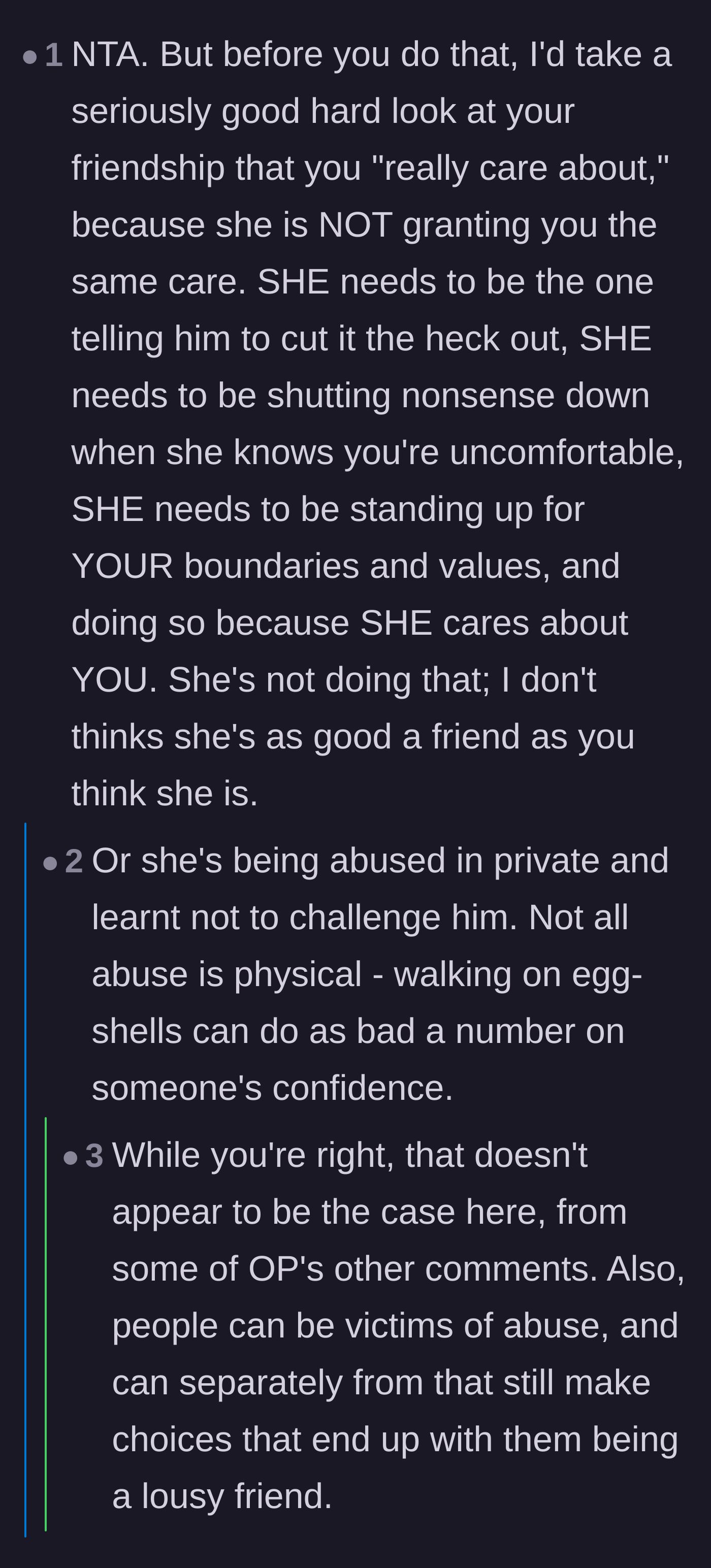 Comment thread 3 - A debate on whether the best friend is a bad friend for not protecting the author, or a silent victim of the boyfriend's abuse.