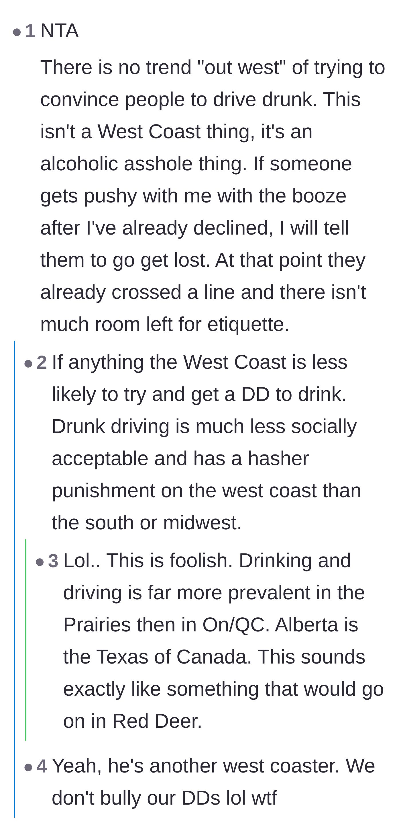 Comment thread 4 - Canadian commenters debunking the boyfriend's excuse that trying to get designated drivers drunk is a regional tradition.
