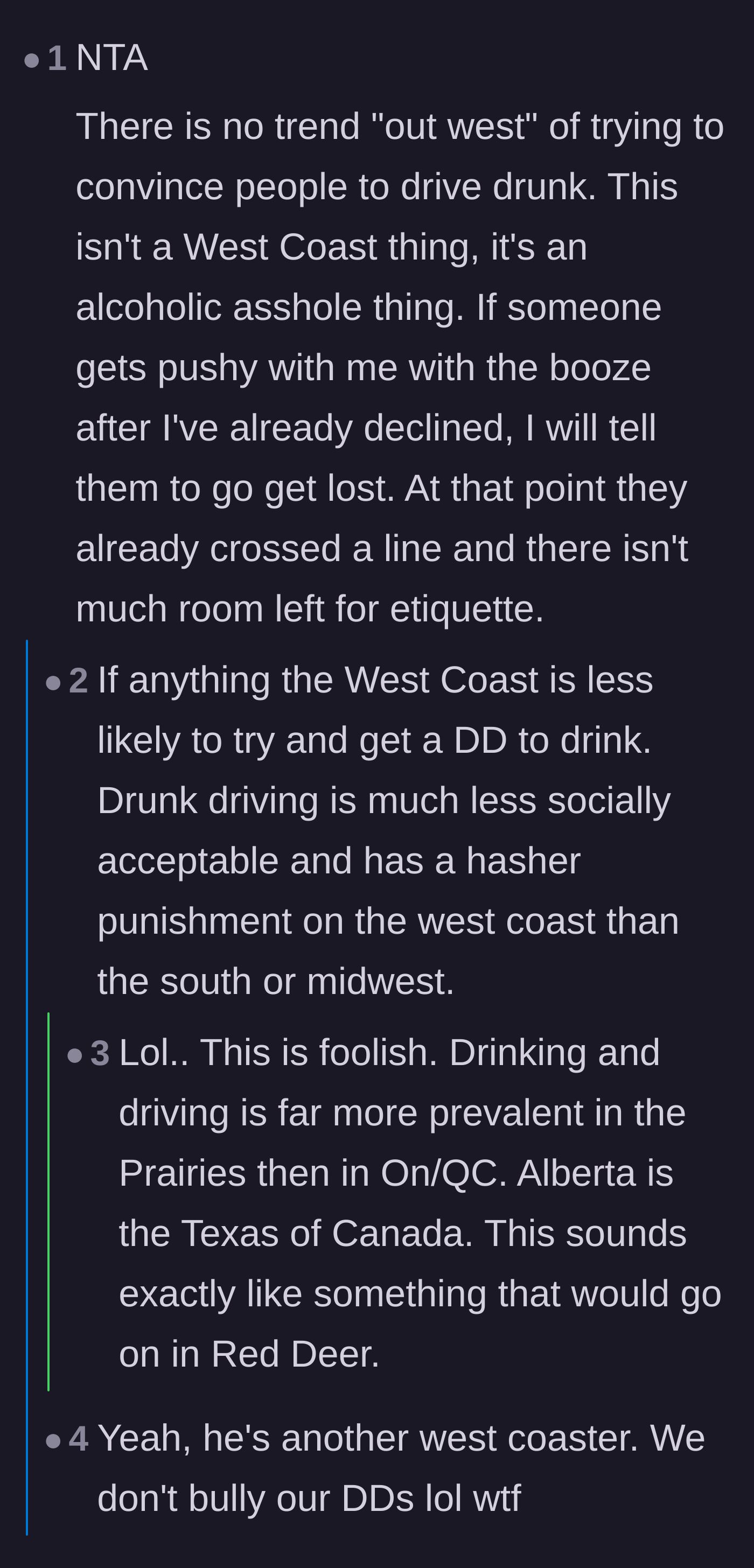 Comment thread 4 - Canadian commenters debunking the boyfriend's excuse that trying to get designated drivers drunk is a regional tradition.