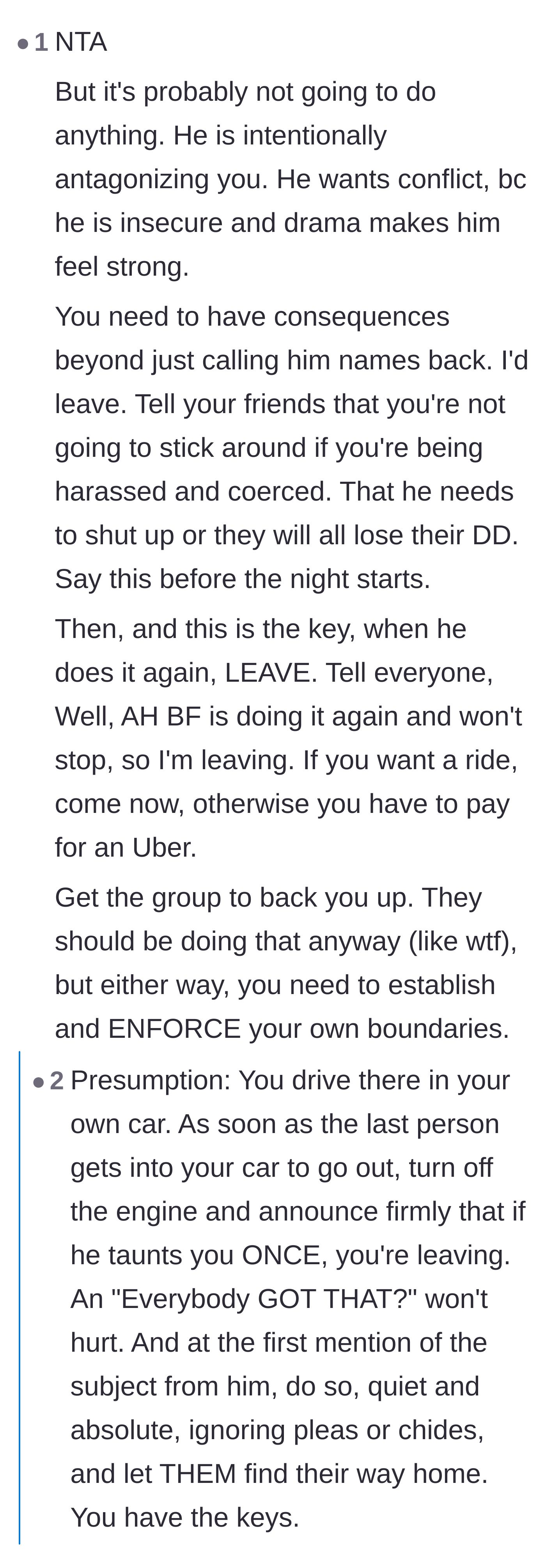 Comment thread 5 - Advice suggesting the author announce beforehand that she will leave and strand everyone without a ride if the bullying continues.