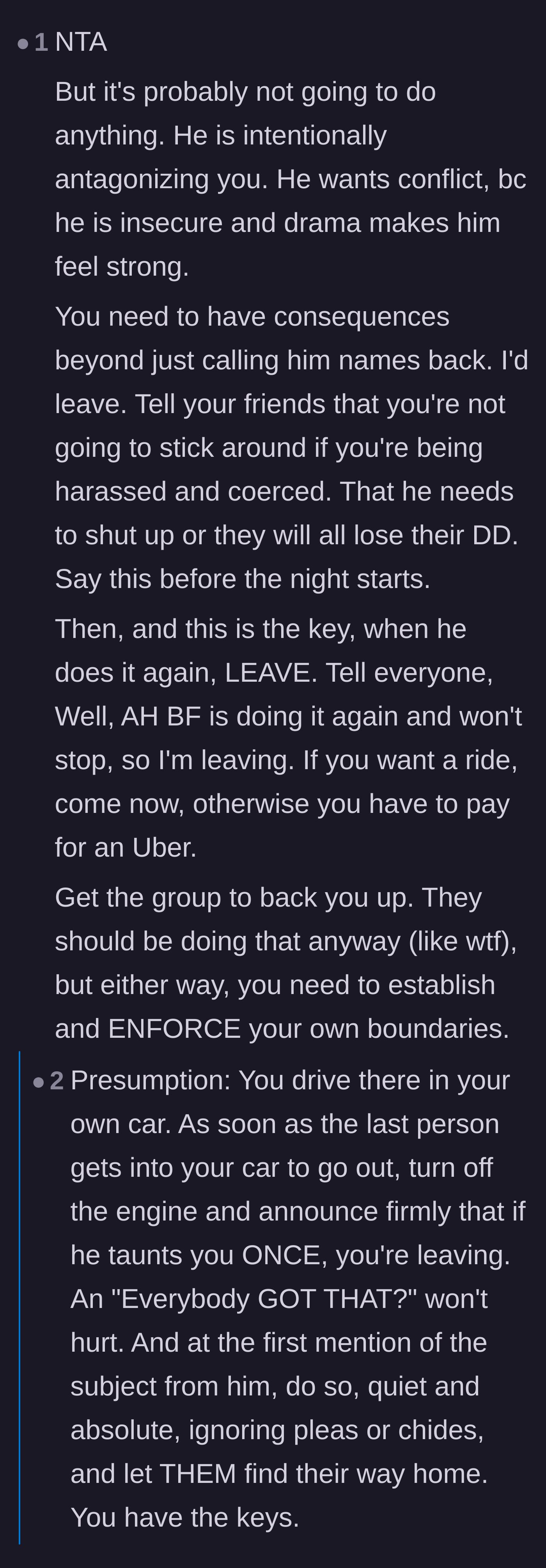 Comment thread 5 - Advice suggesting the author announce beforehand that she will leave and strand everyone without a ride if the bullying continues.