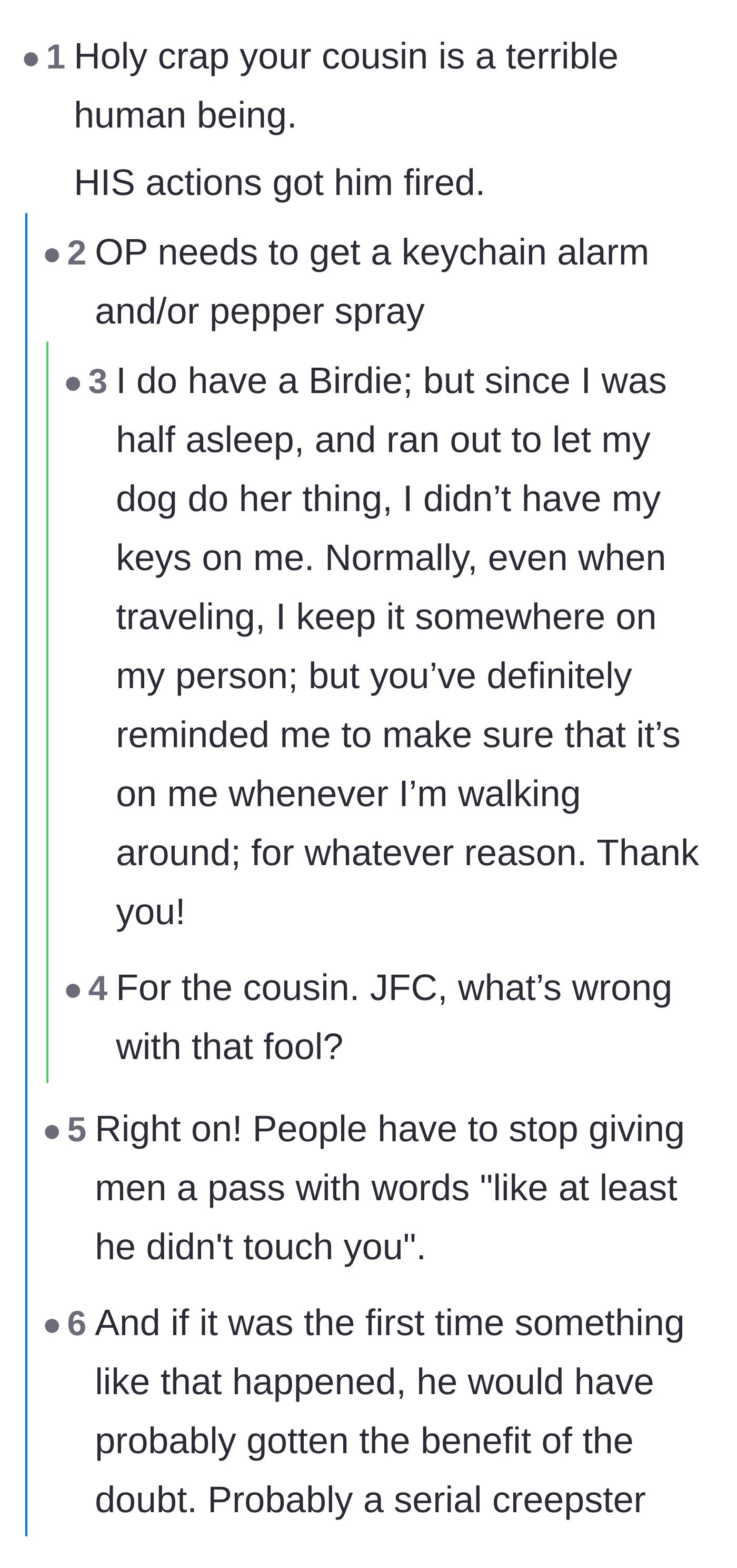 Comment thread 1 - Readers criticizing the cousin's toxic behavior and offering the author practical self-defense advice.