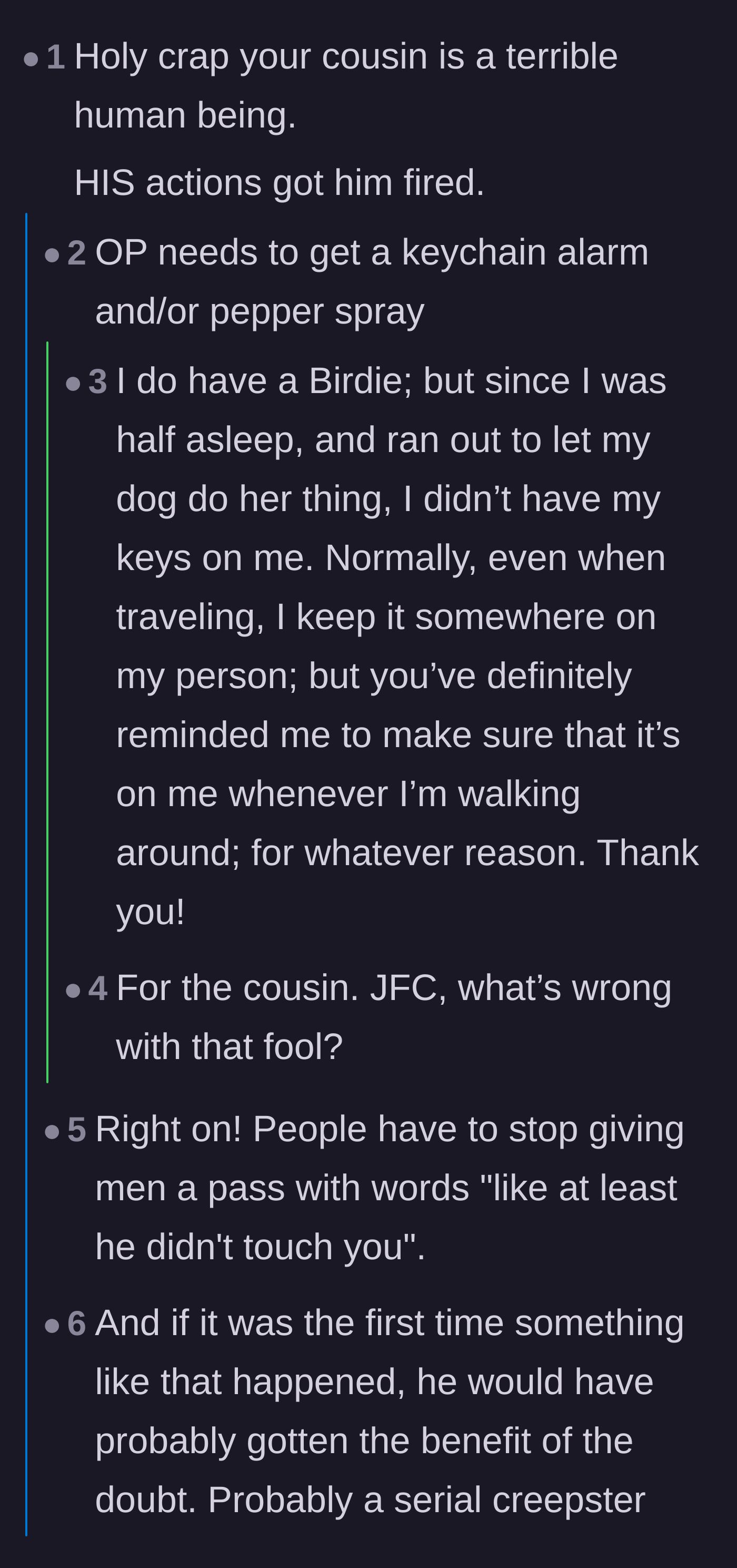 Comment thread 1 - Readers criticizing the cousin's toxic behavior and offering the author practical self-defense advice.
