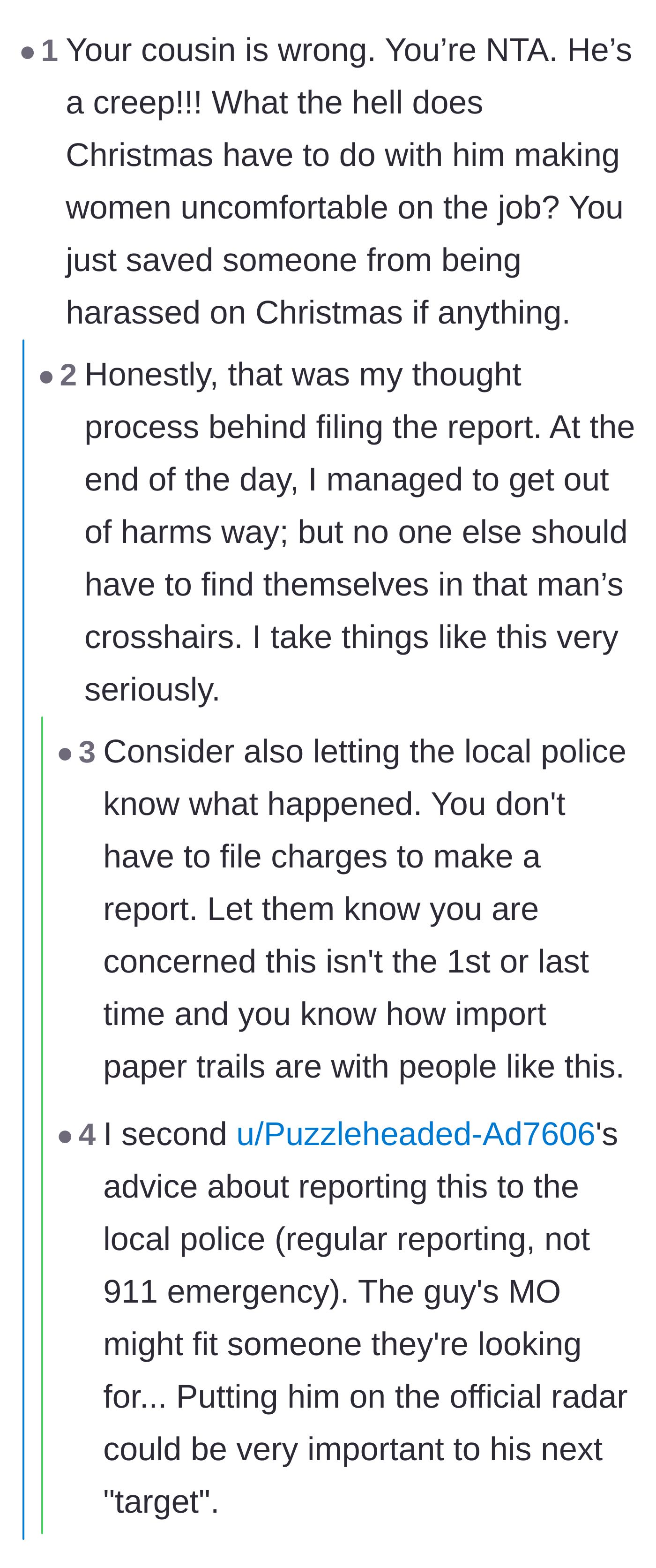 Comment thread 4 - Advice urging the author to file a police report to create a protective paper trail for future victims.