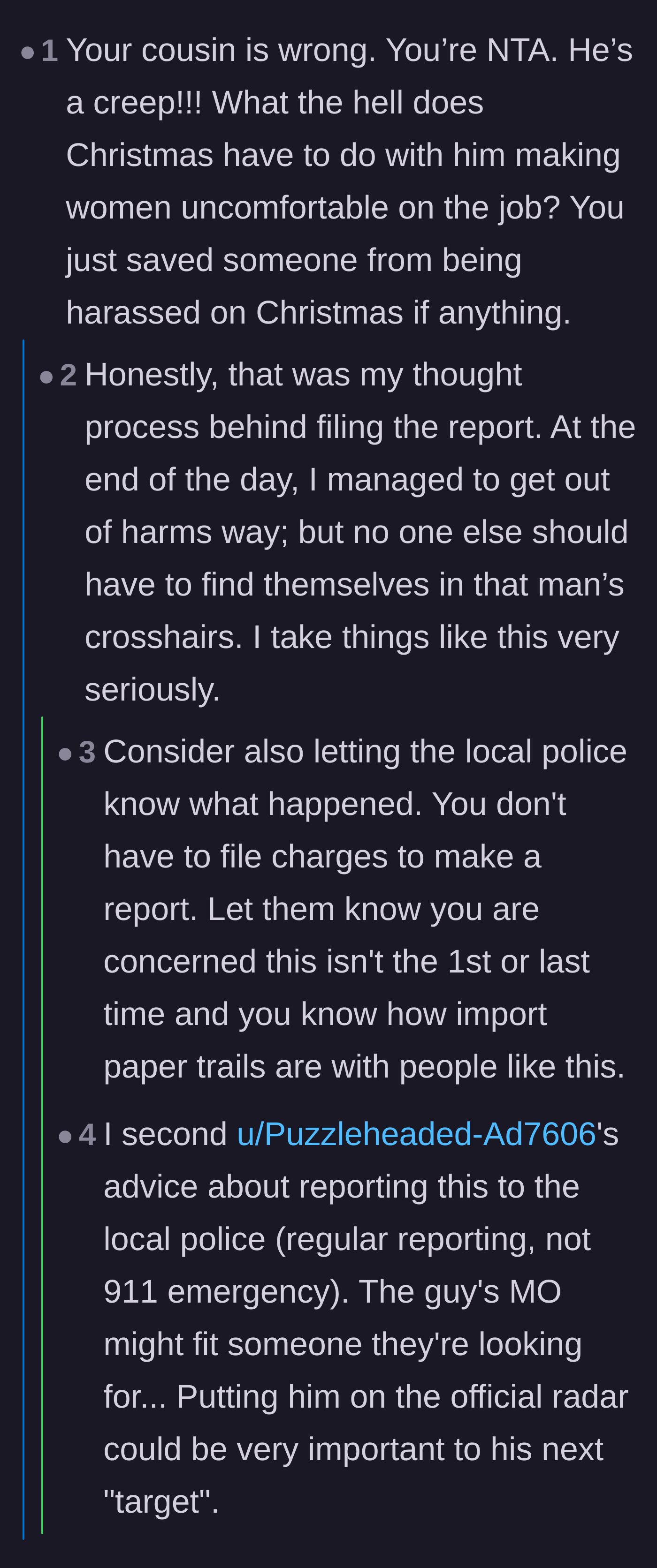 Comment thread 4 - Advice urging the author to file a police report to create a protective paper trail for future victims.